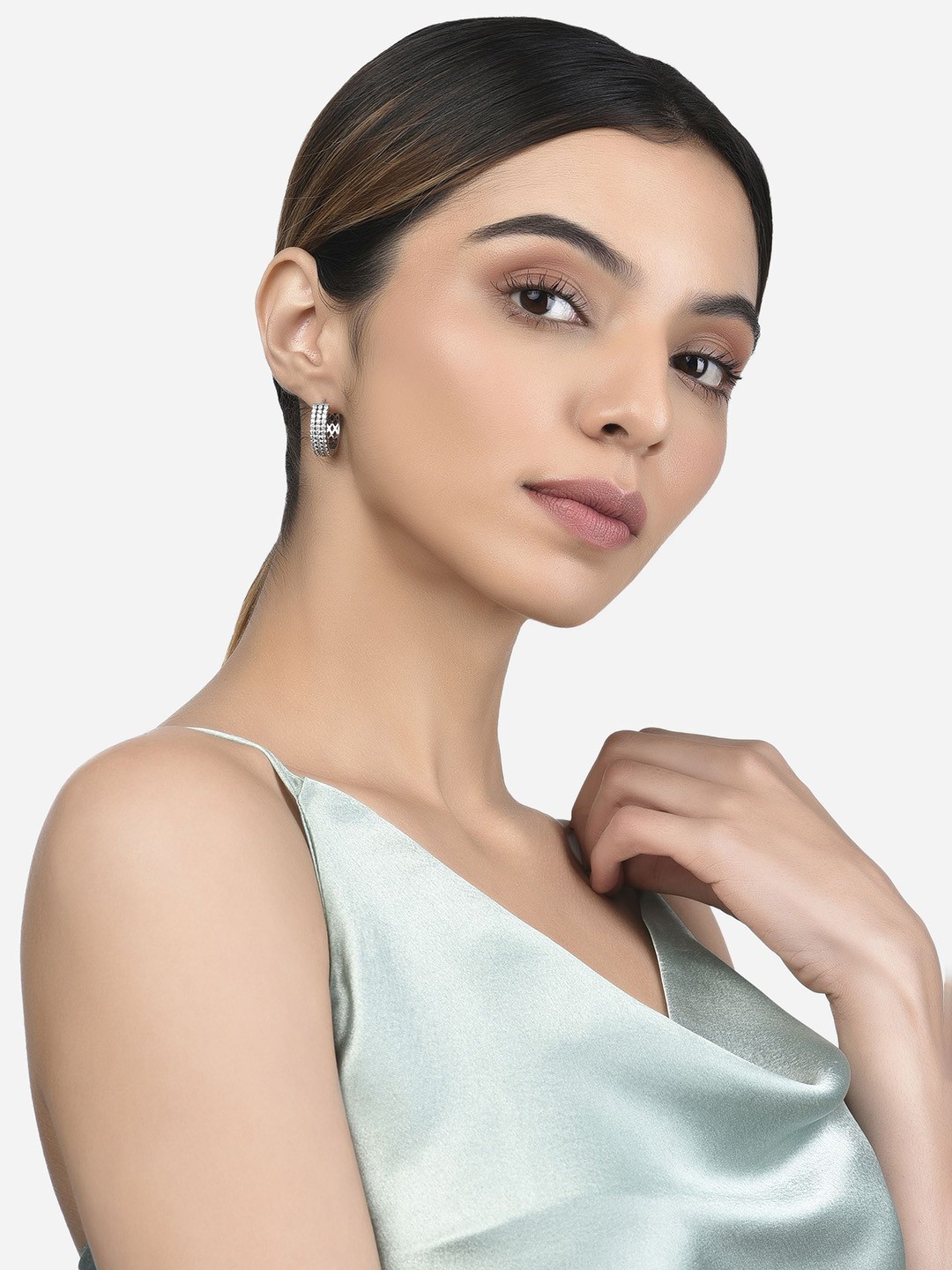 

FIAN 925 Sterling Silver Rhodium-Plated Cubic Zirconia Studded Circular Hoop Earrings