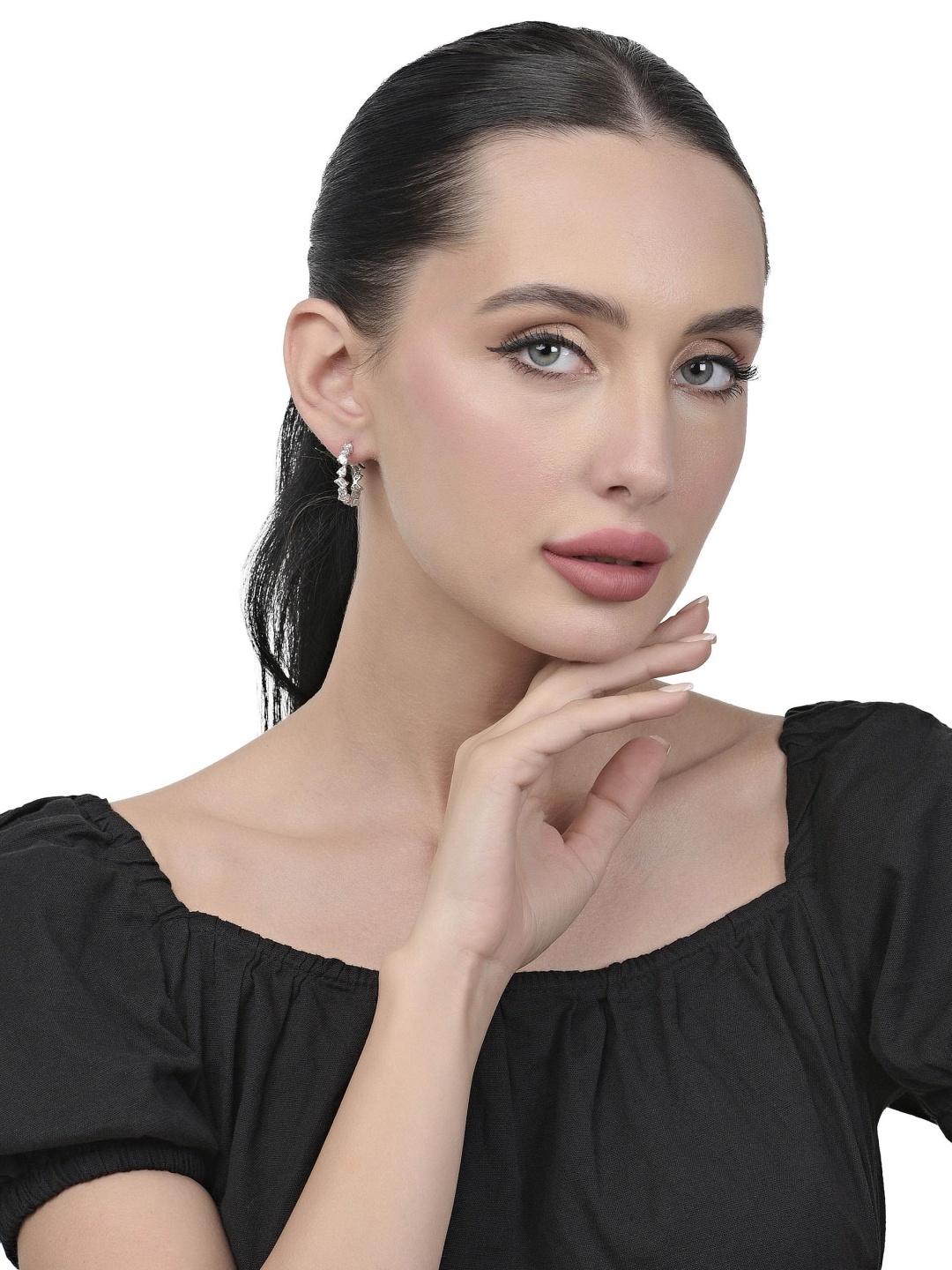 

FIAN 925 Sterling Silver Rhodium-Plated Cubic Zirconia Studded Circular Hoop Earrings