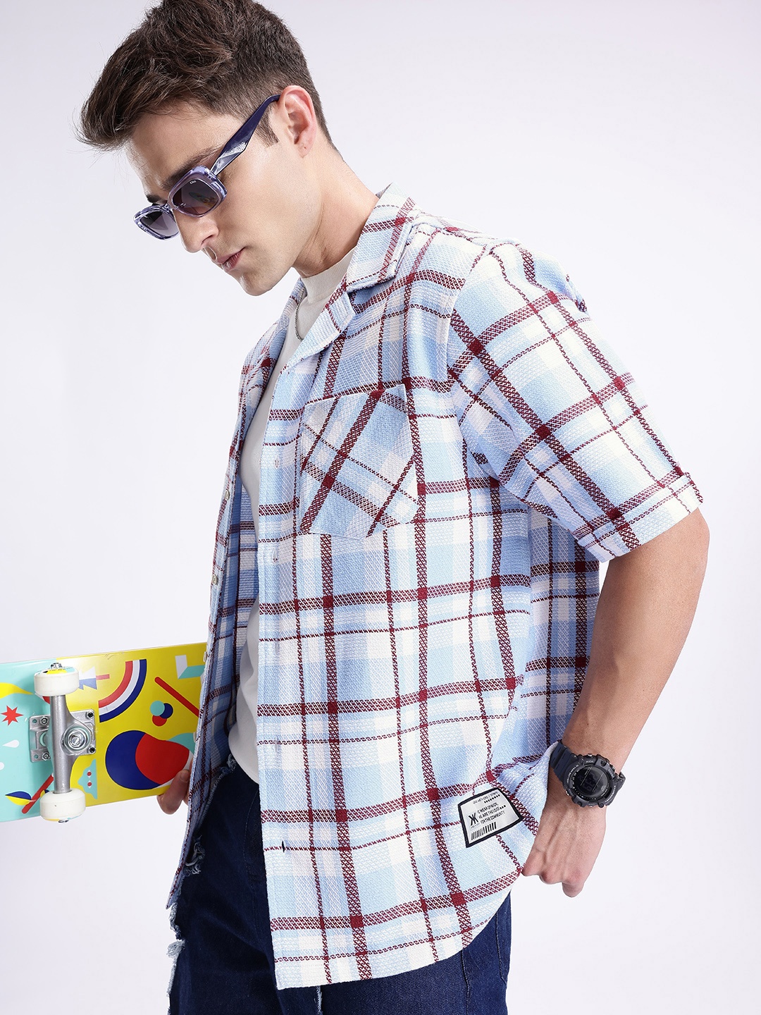 

Kook N Keech Premium Relaxed Fit Checked Pure Cotton Casual Shirt, Blue