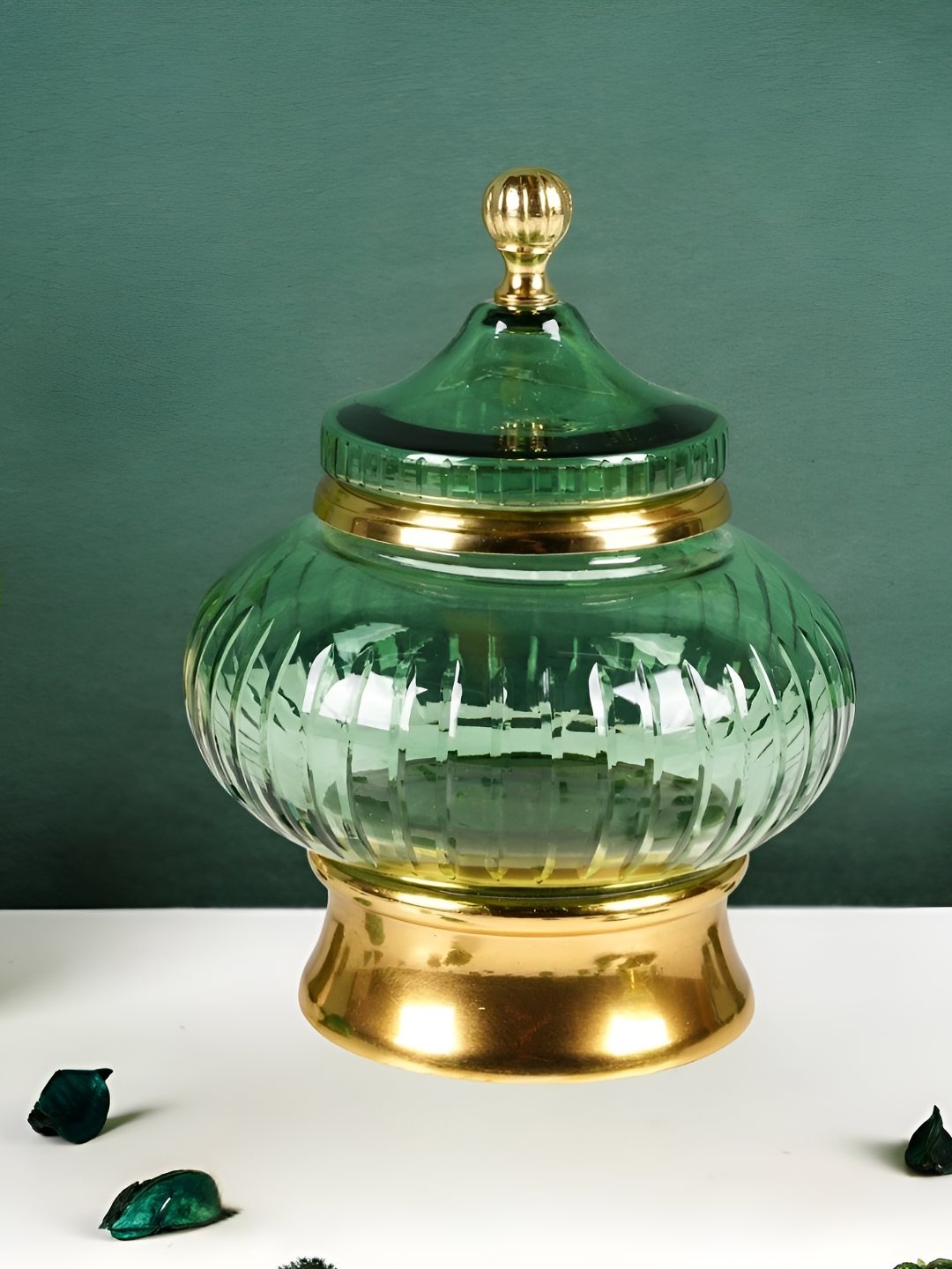 

THE HOME CO. Urns Green & Gold Toned Glass Easy to Clean Container