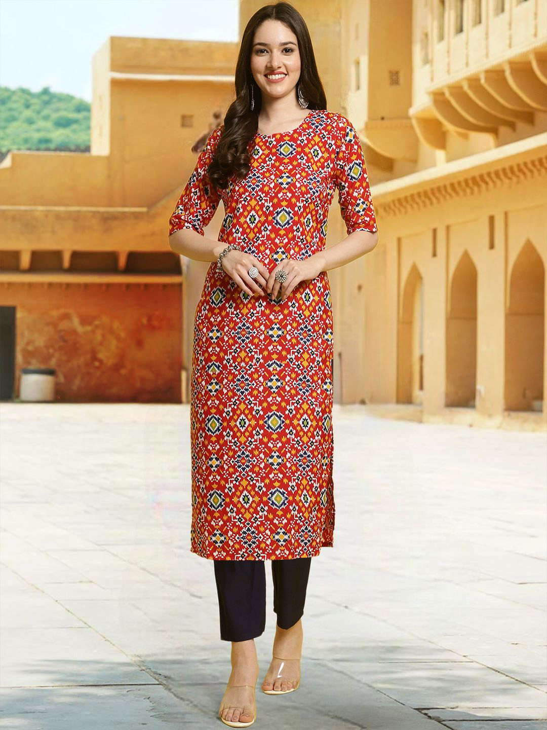 

7Threads Ethnic Motifs Printed Round Neck Straight Kurta With Trousers, Red