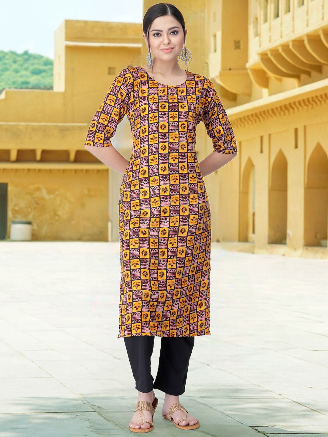 

7Threads Geometric Printed Round Neck Straight Kurta With Trousers, Yellow
