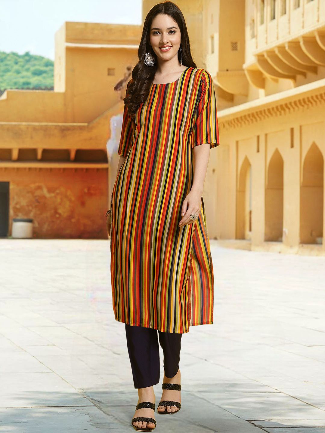

7Threads Striped Round Neck Straight Kurta With Trousers, Yellow