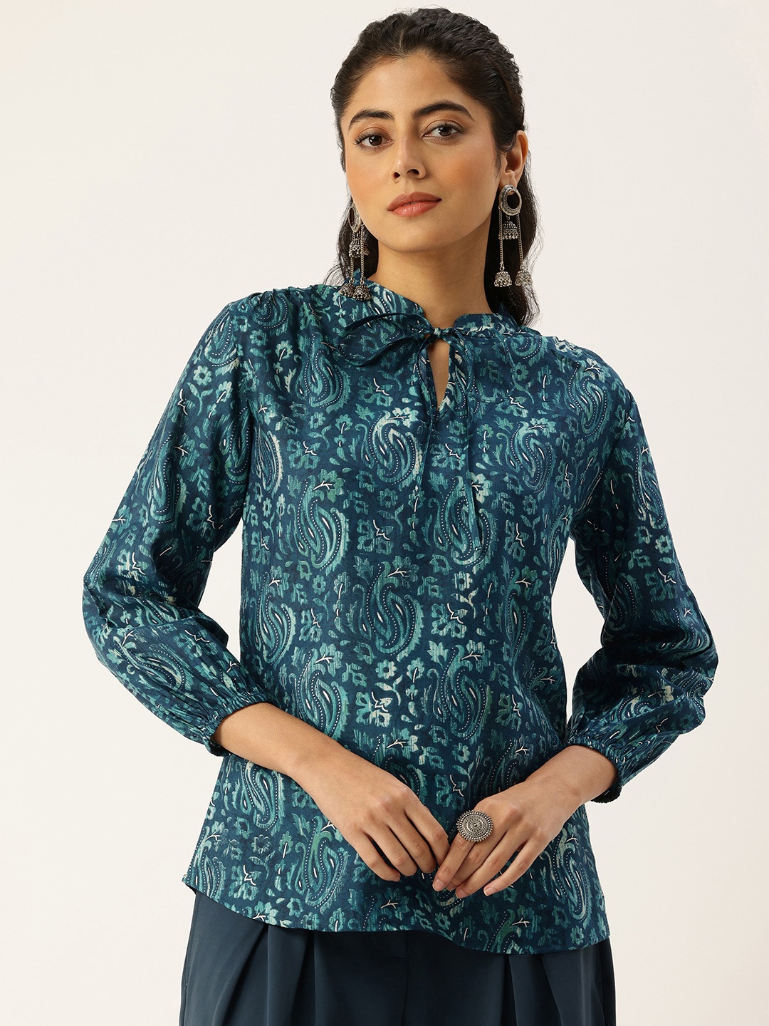 

AMUKTI Paisley Printed Tie-Up Neck Top, Blue