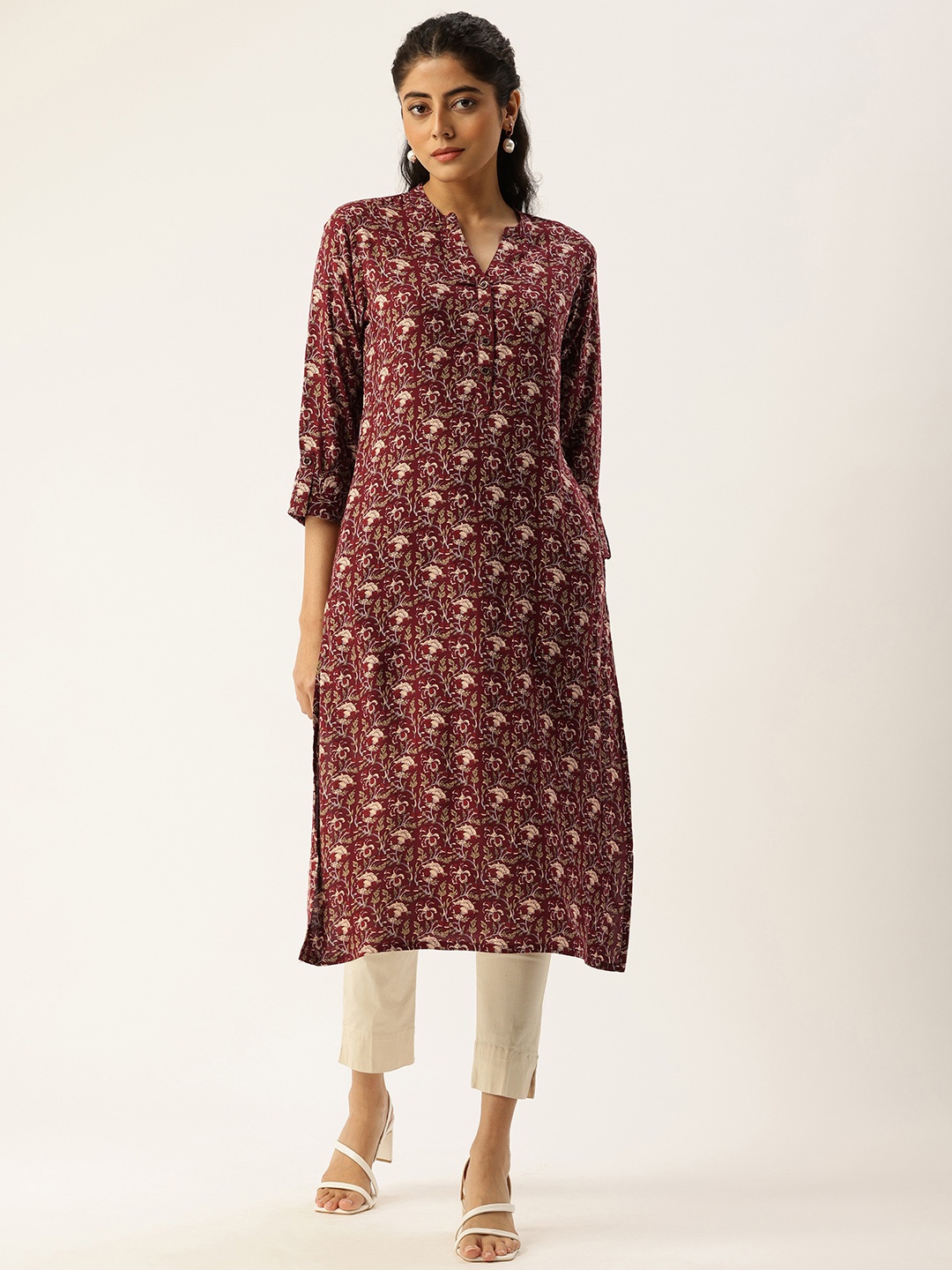 

AMUKTI Printed Mandarin Collar Roll-Up Sleeves Kurta, Maroon