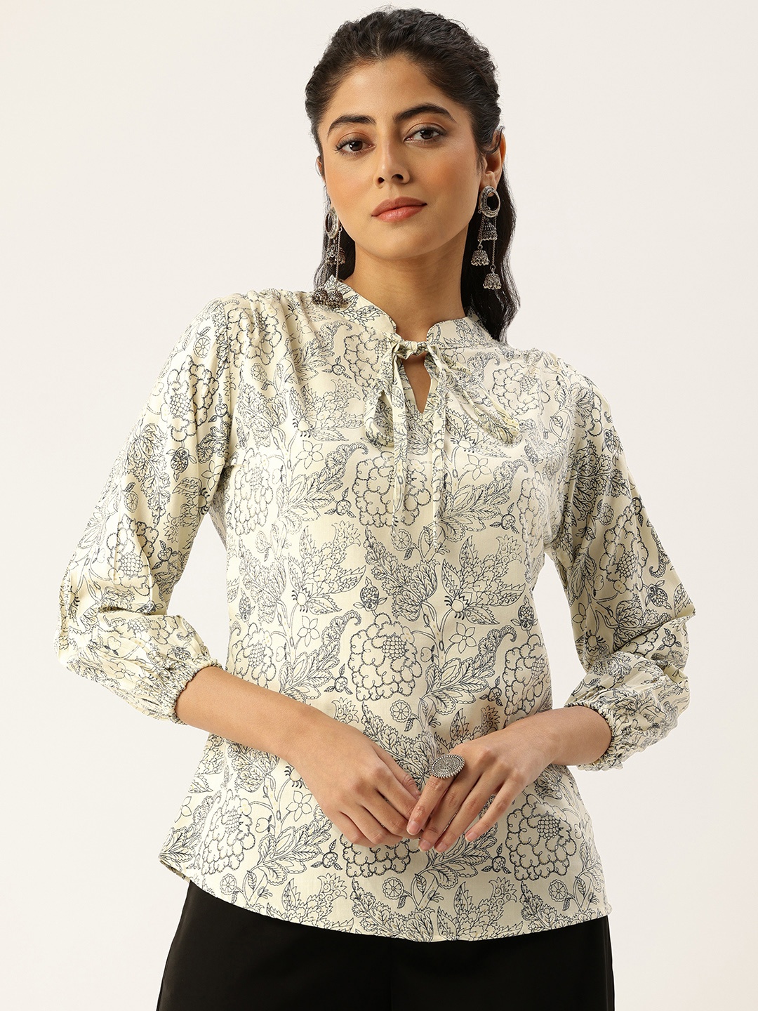 

AMUKTI Floral Printed Tie-Up Neck Top, Off white