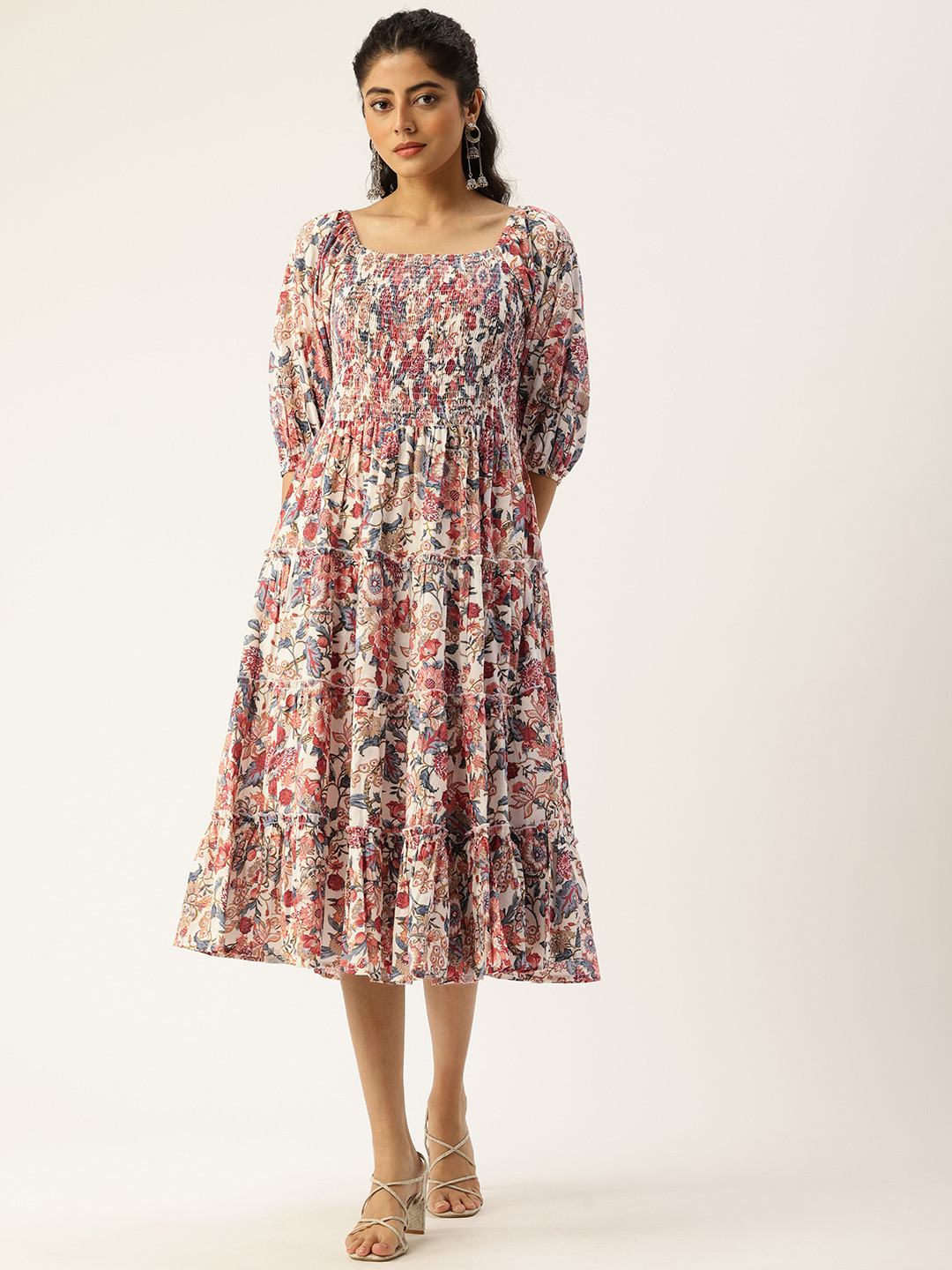 

AMUKTI Floral Printed Square Neck Smocked Tiered Pure Cotton Fit & Flare Midi Dress, Multi
