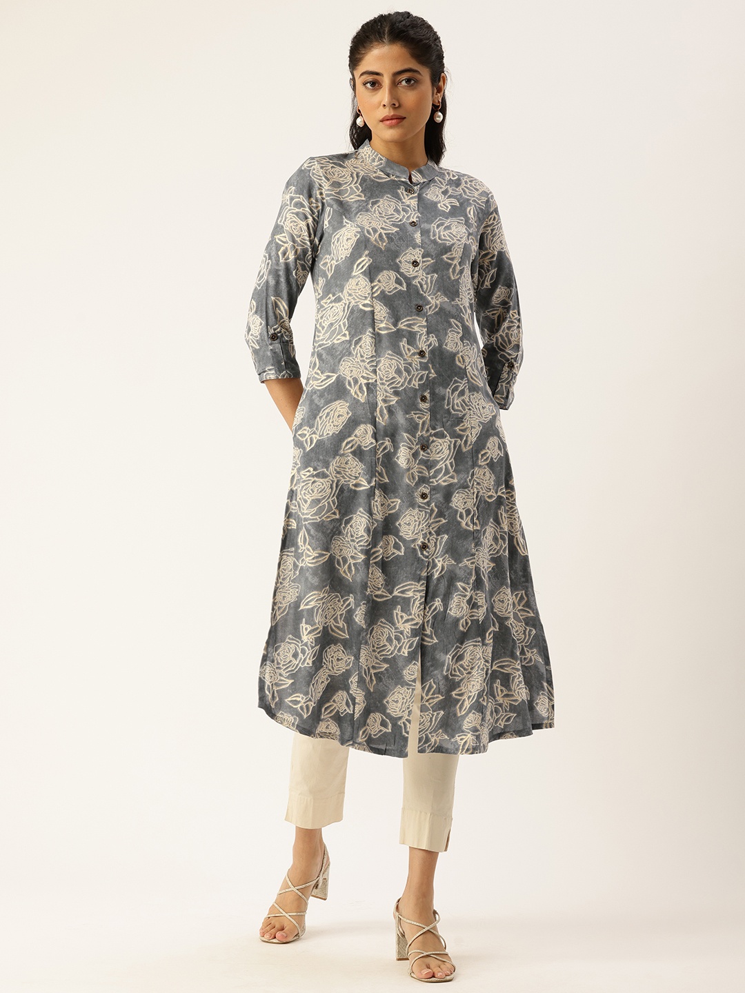 

AMUKTI Printed Mandarin Collar Roll-Up Sleeves Kurta, Grey