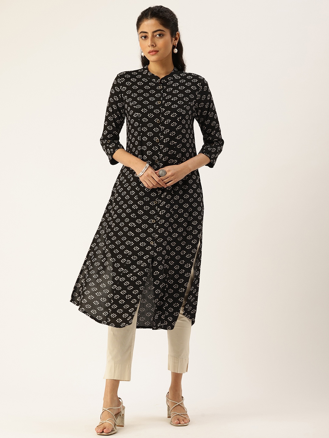 

AMUKTI Printed Mandarin Collar Roll-Up Sleeves Kurta, Black