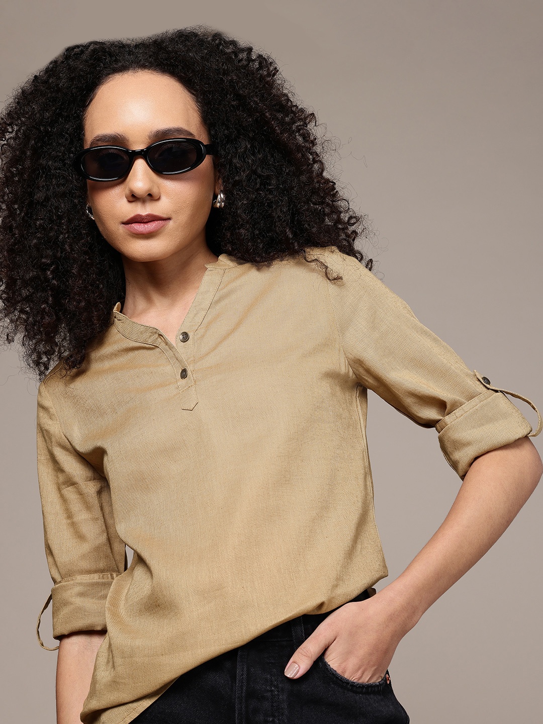 

The Roadster Lifestyle Co. Mandarin Collar Roll-Up Sleeves Top, Beige