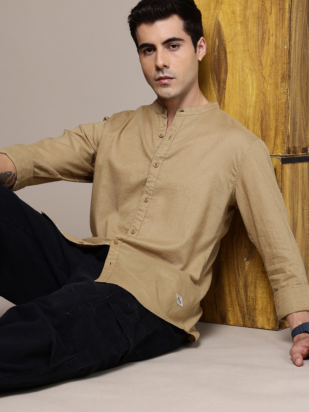 

The Roadster Lifestyle Co. Solid Band Collar Casual Shirt, Beige