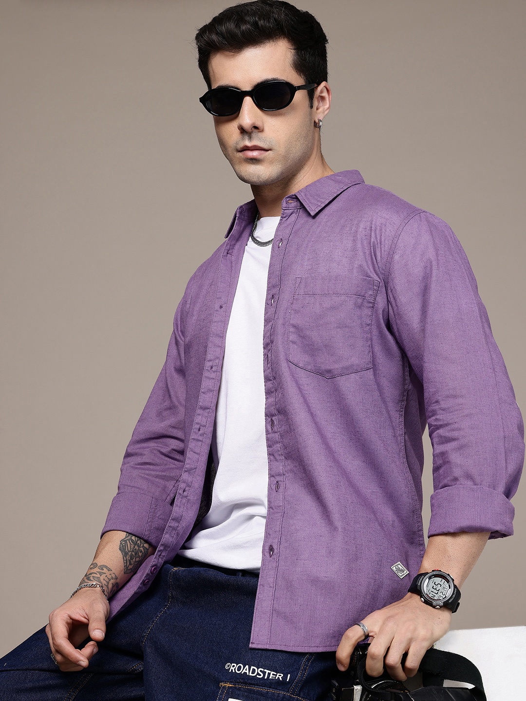 

The Roadster Life Co. Regular Fit Cotton Linen Casual Shirt, Purple