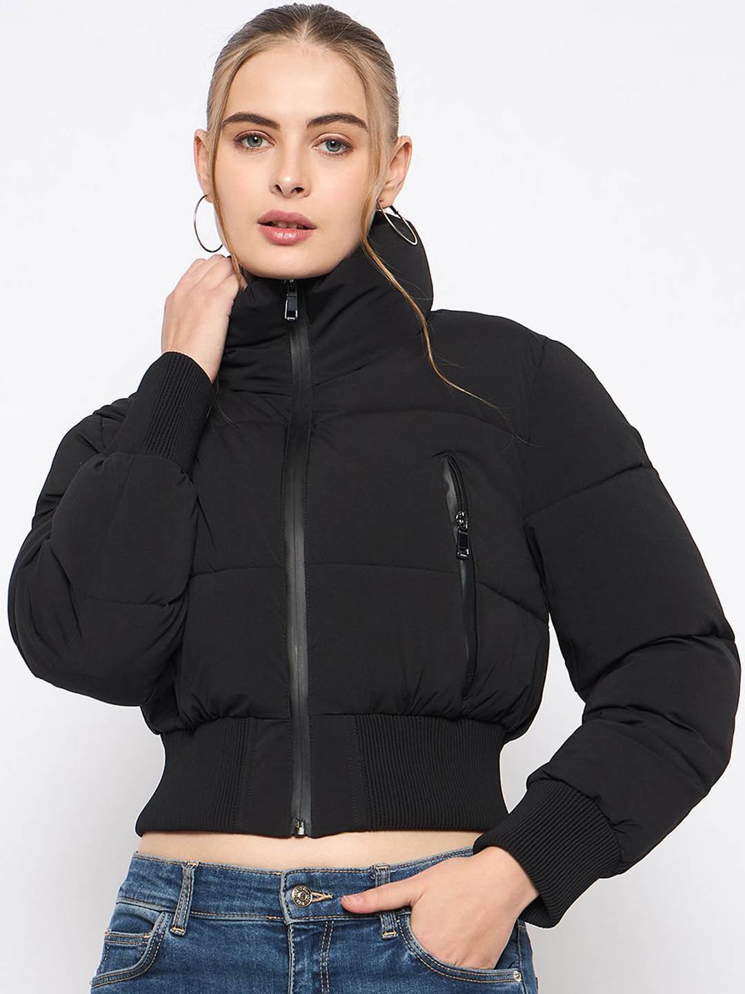 

Madame Women Solid Crop Padded Jacket, Black