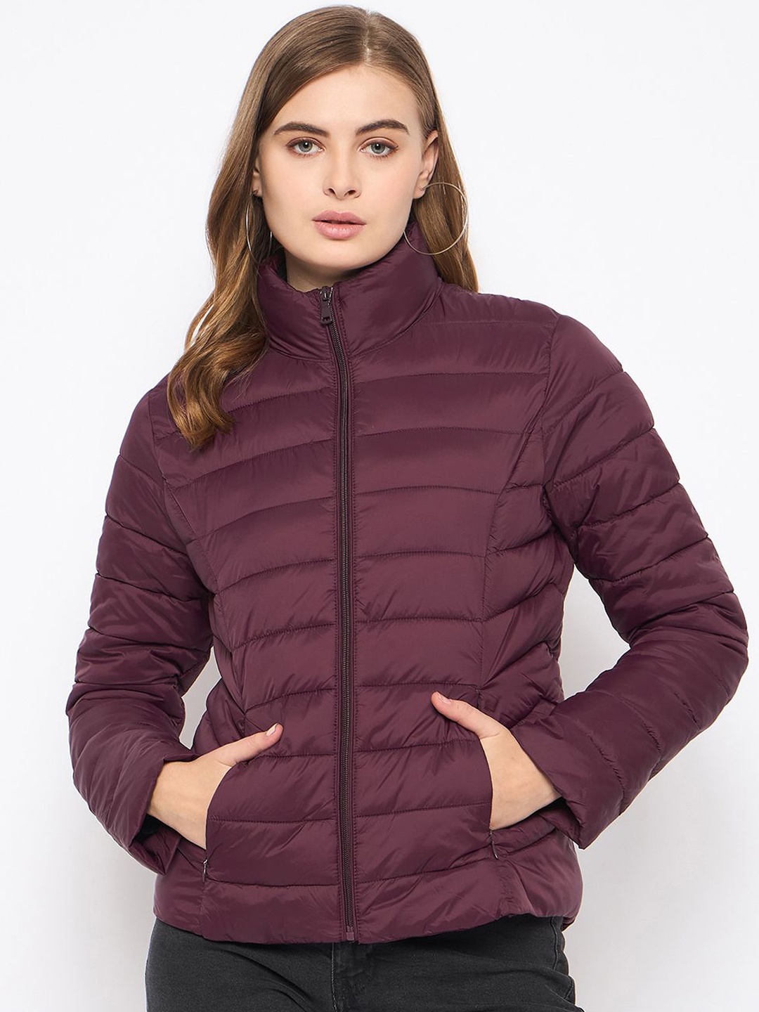 

Madame Women Floral Nylon Longline Padded Jacket, Maroon
