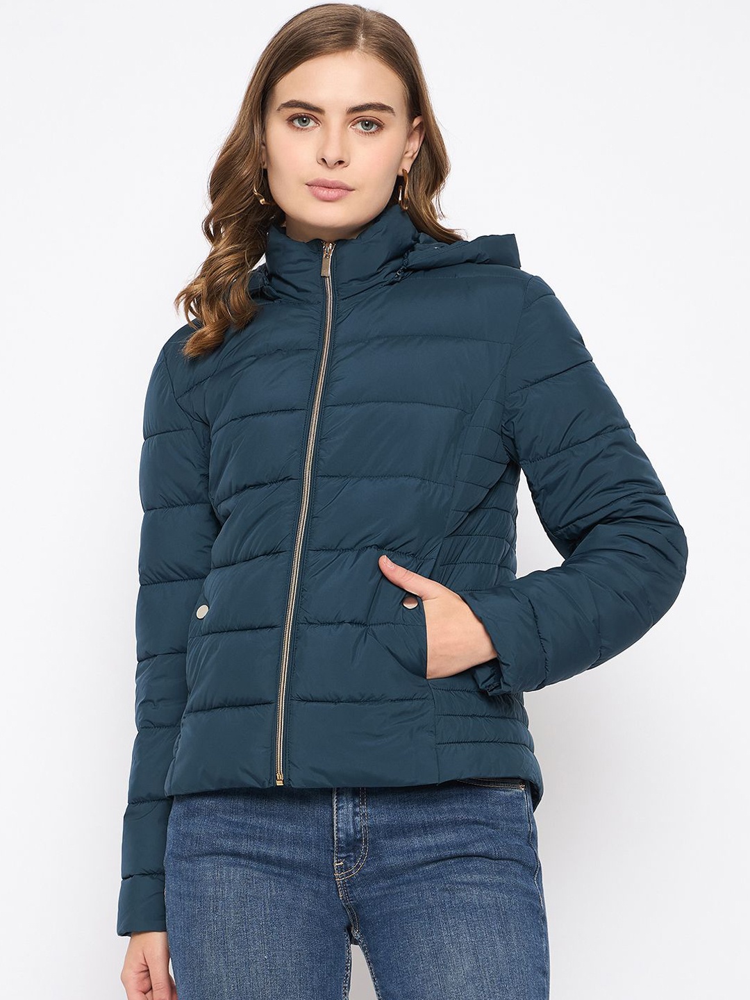 

Madame Women Solid Hooded Long Sleeves Puffer Jacket, Teal