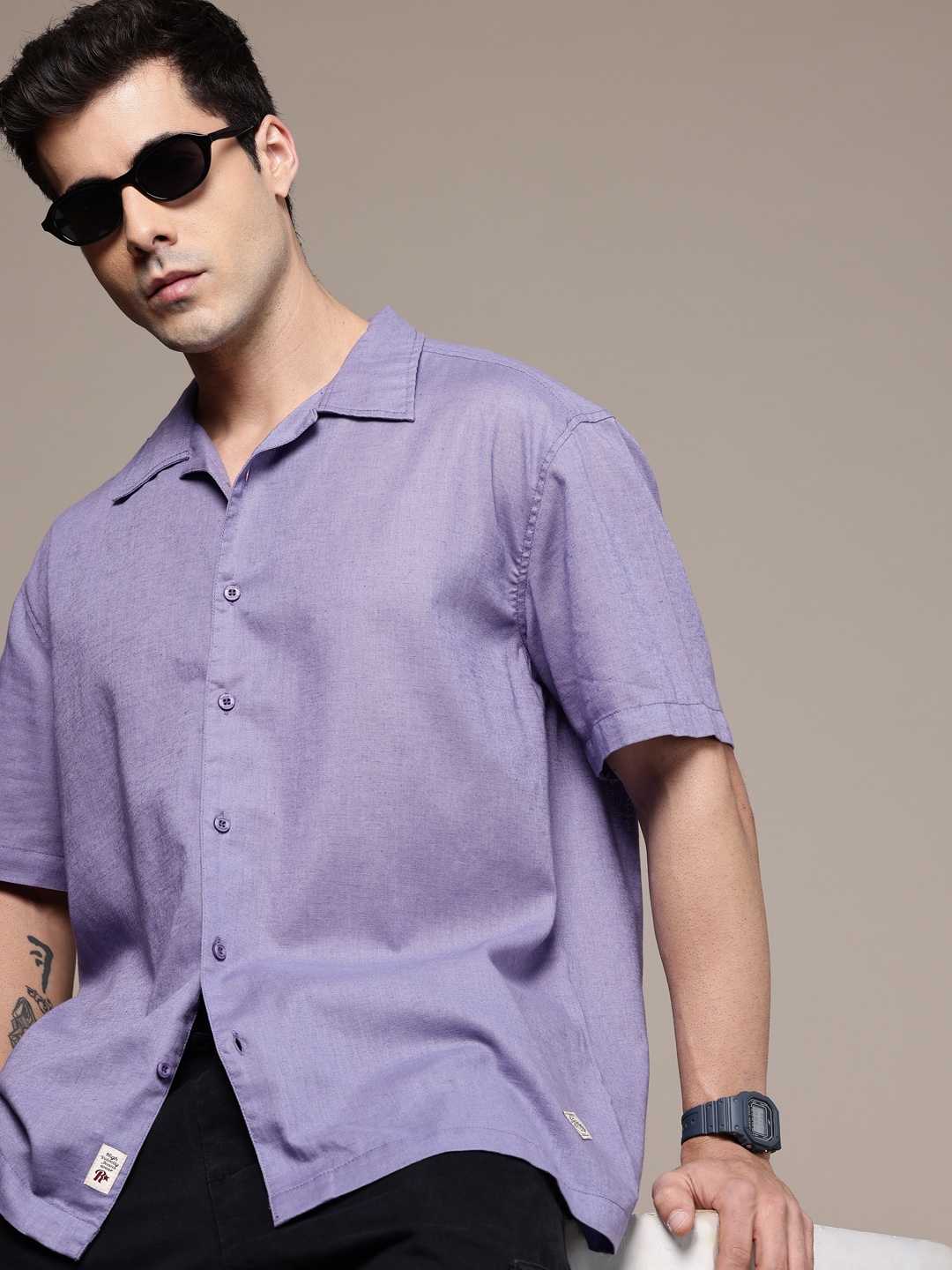 

The Roadster Lifestyle Co. Solid Cuban Collar Oversized Casual Shirt, Lavender