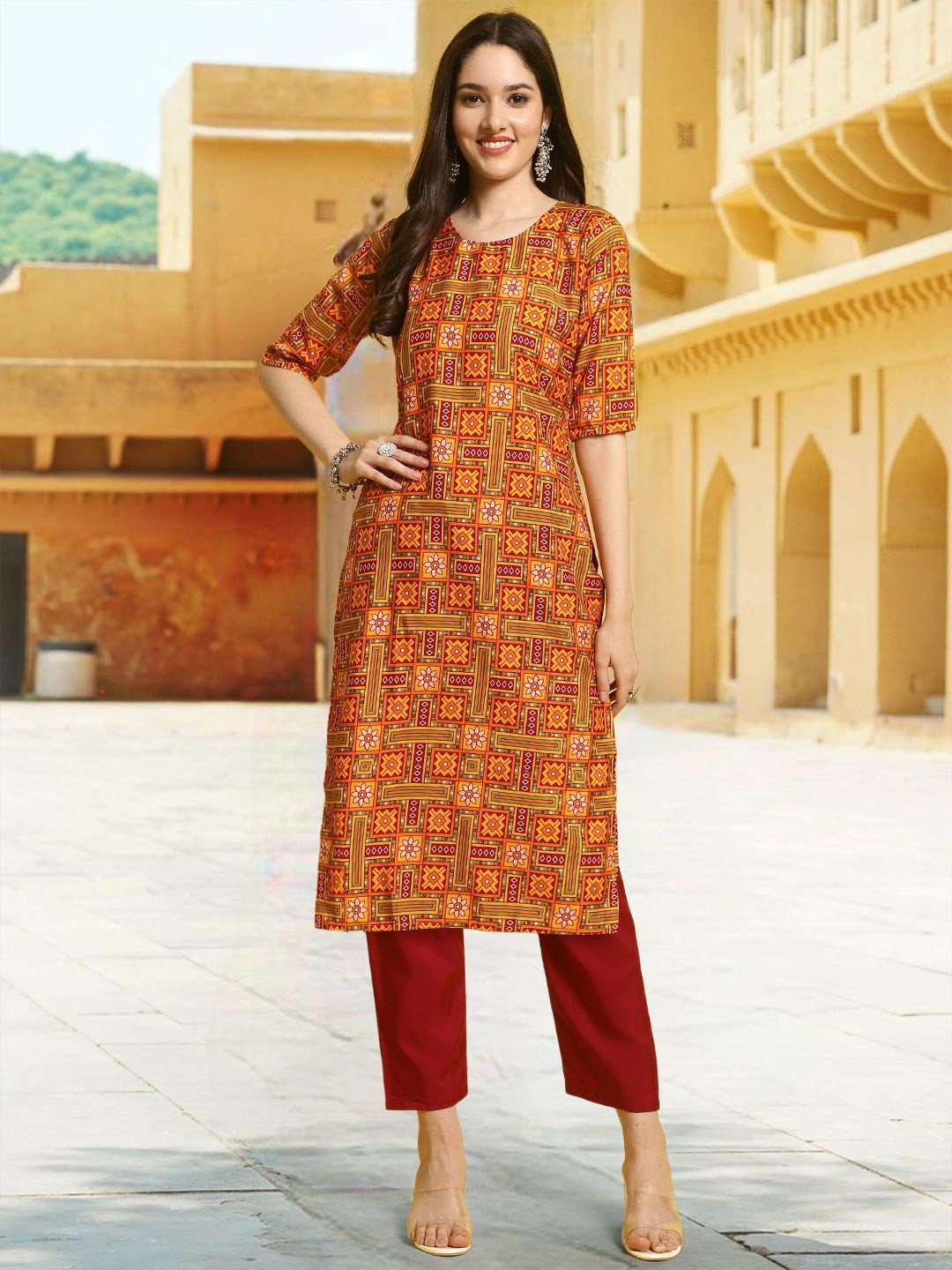 

7Threads Ethnic Motifs Printed Round Neck Straight Kurta With Trousers, Yellow