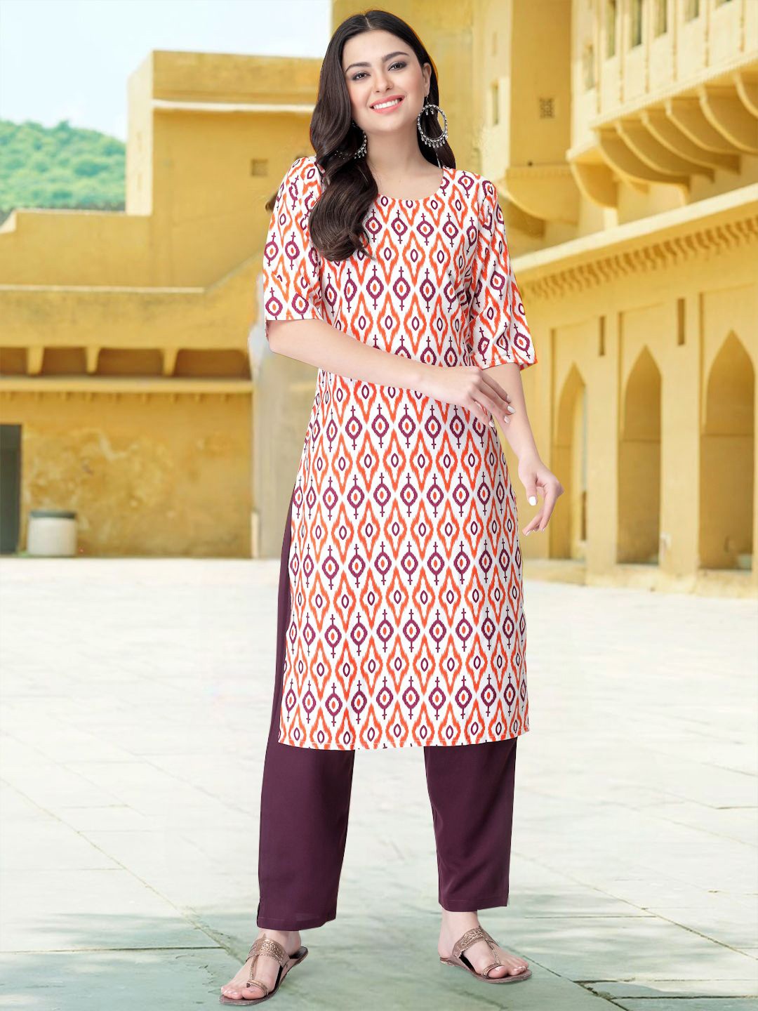 

7Threads Geometric Printed Round Neck Straight Kurta With Trousers, White