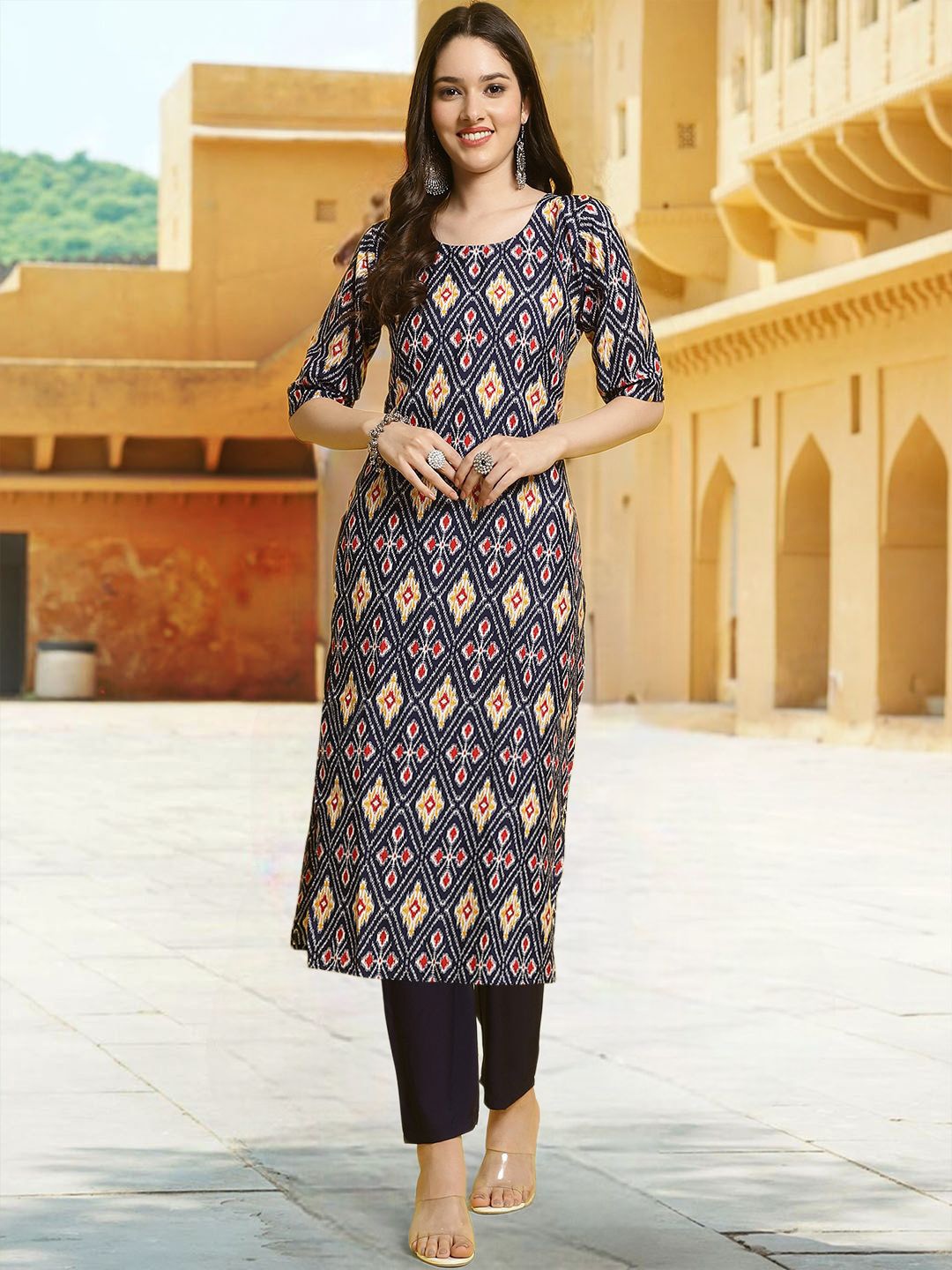 

7Threads Ethnic Motifs Printed Round Neck Straight Kurta With Trousers, Navy blue