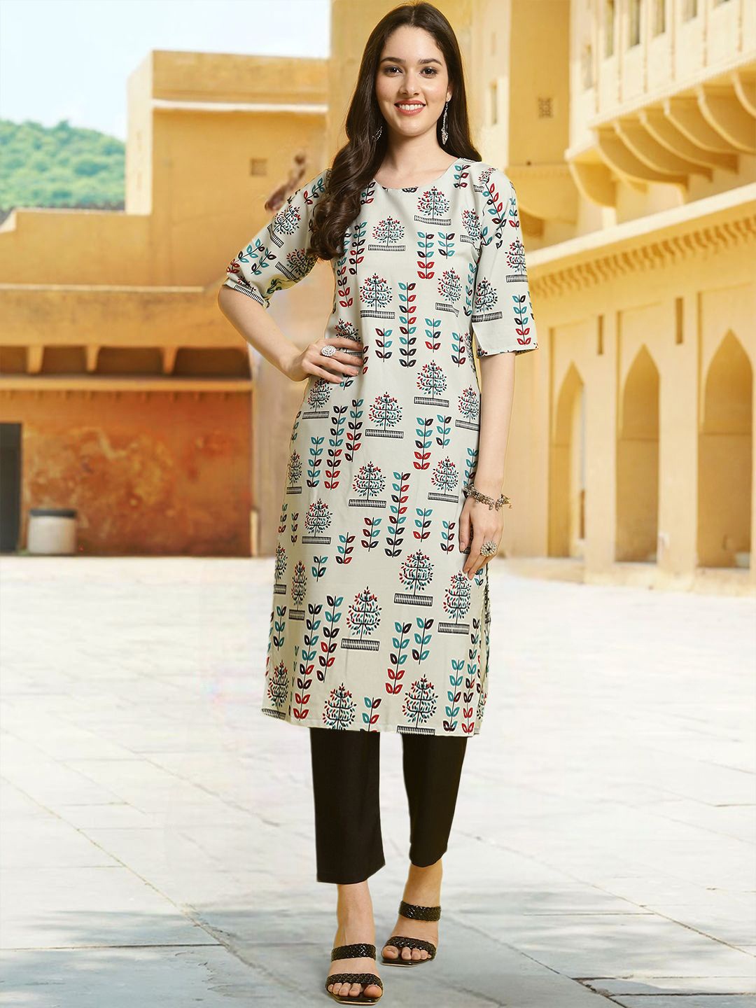 

7Threads Floral Printed Round Neck Straight Kurta With Trousers, Beige