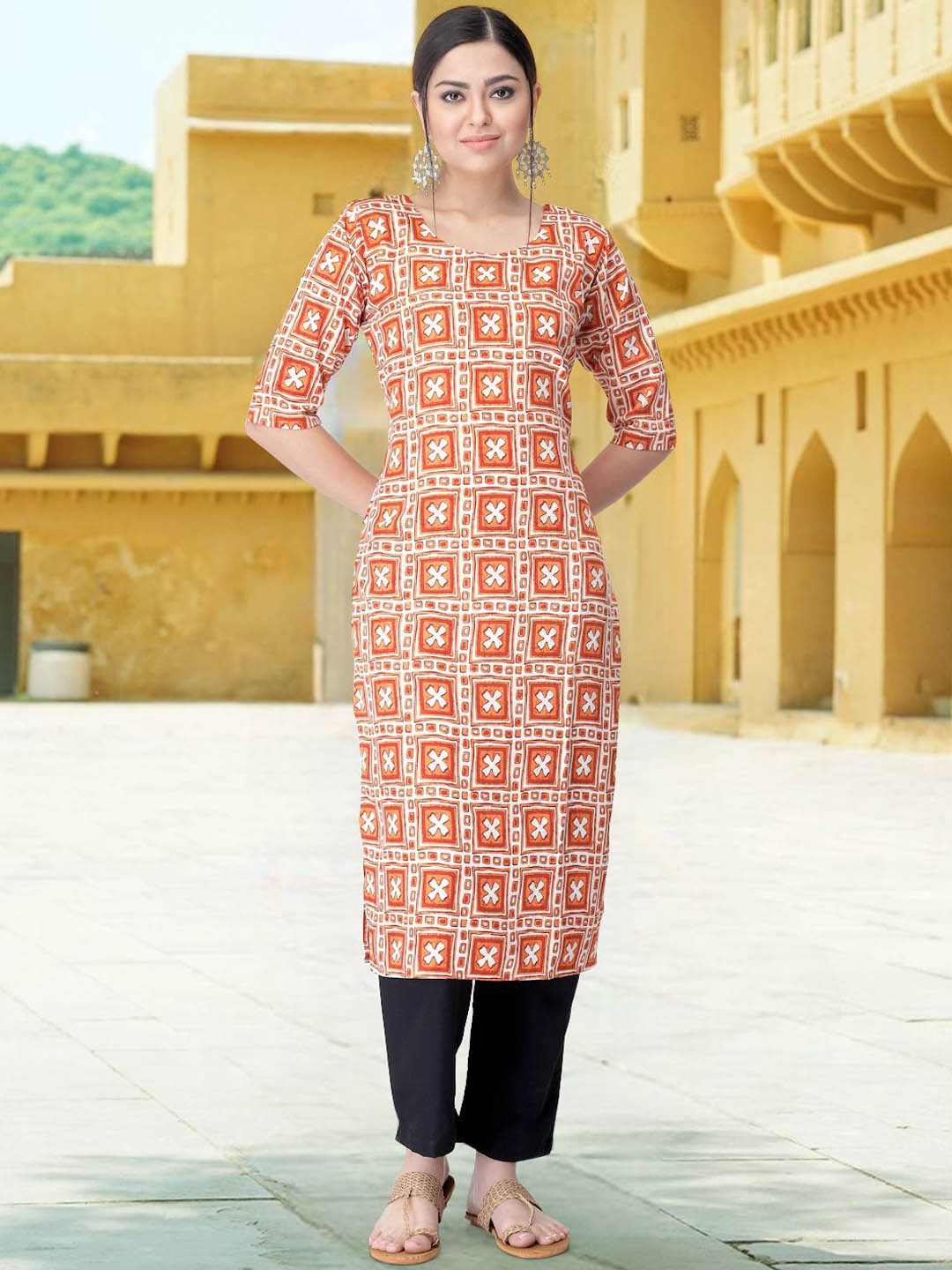 

7Threads Geometric Printed Round Neck Straight Kurta With Trousers, Orange