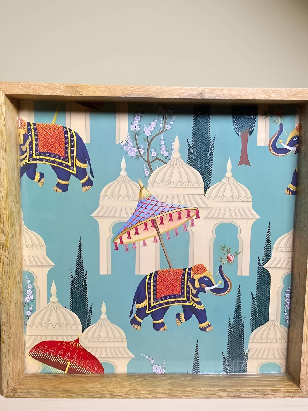 

MODEFE Blue & Beige Elephant Printed Wooden Square Shaped Easy to Clean Serving Tray