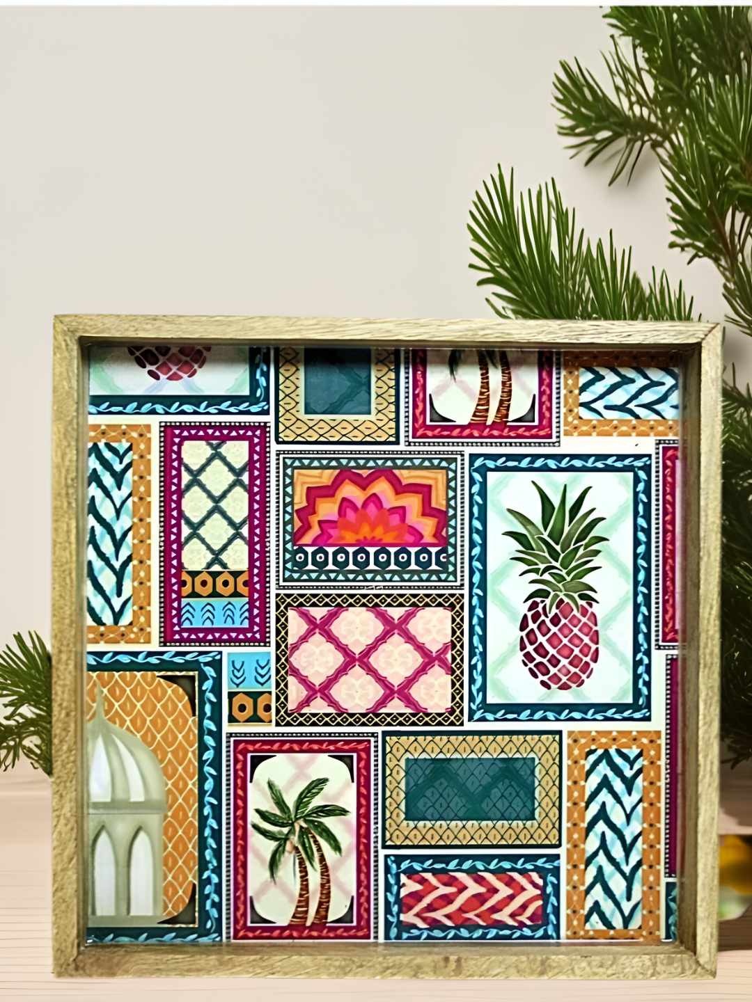 

MODEFE Beige & Green Printed Wooden Square Shaped Easy to Clean Serving Tray