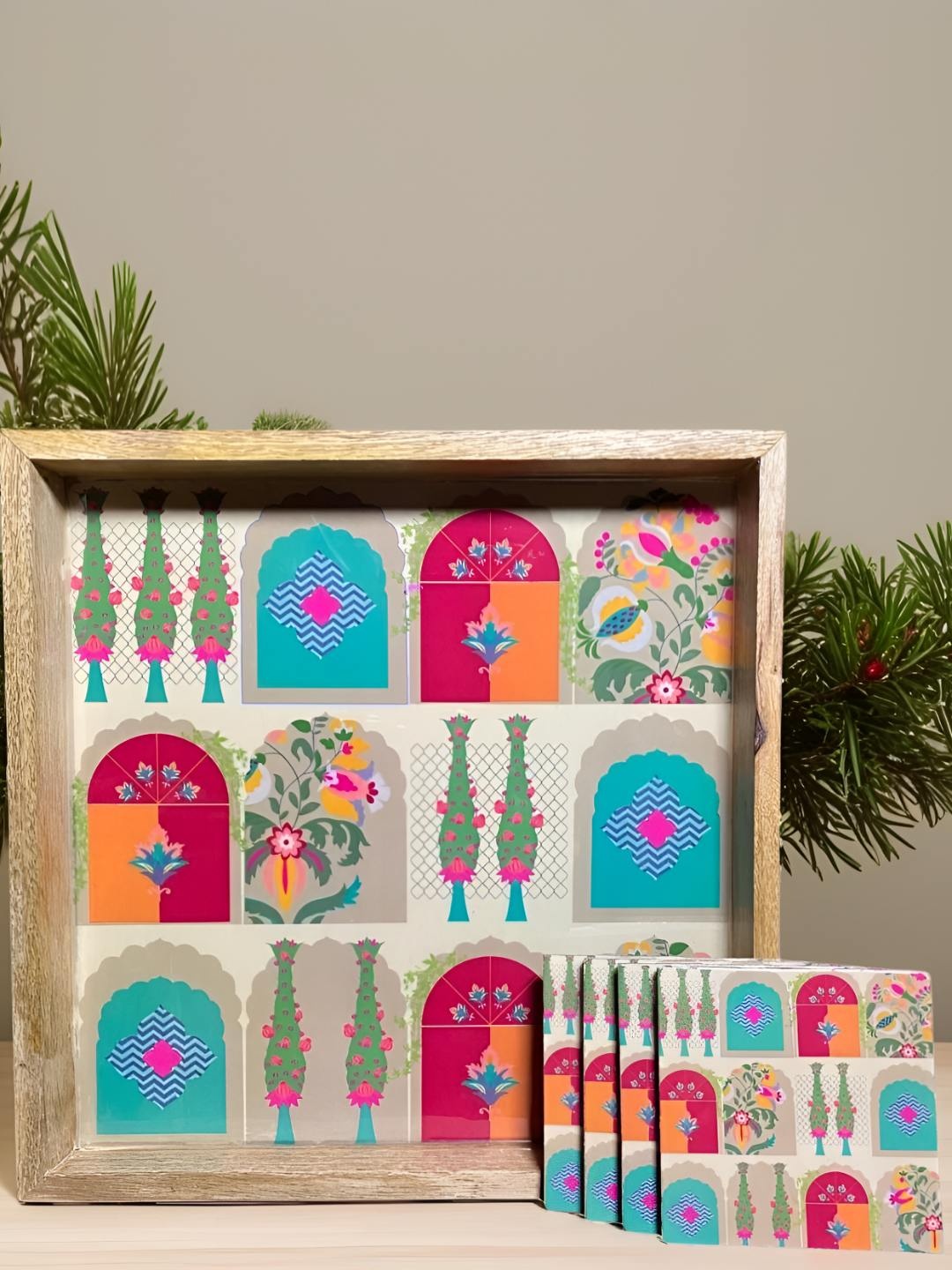 

MODEFE Blue & Red 5 Pieces Printed Wooden Easy to Clean Serving Tray With Coasters