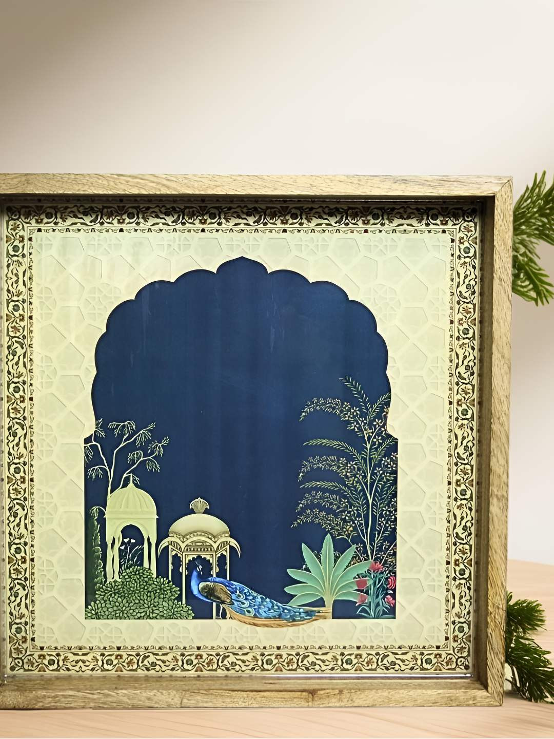 

MODEFE Cream-Coloured & Blue Peacock Printed Wooden Easy to Clean Serving Tray