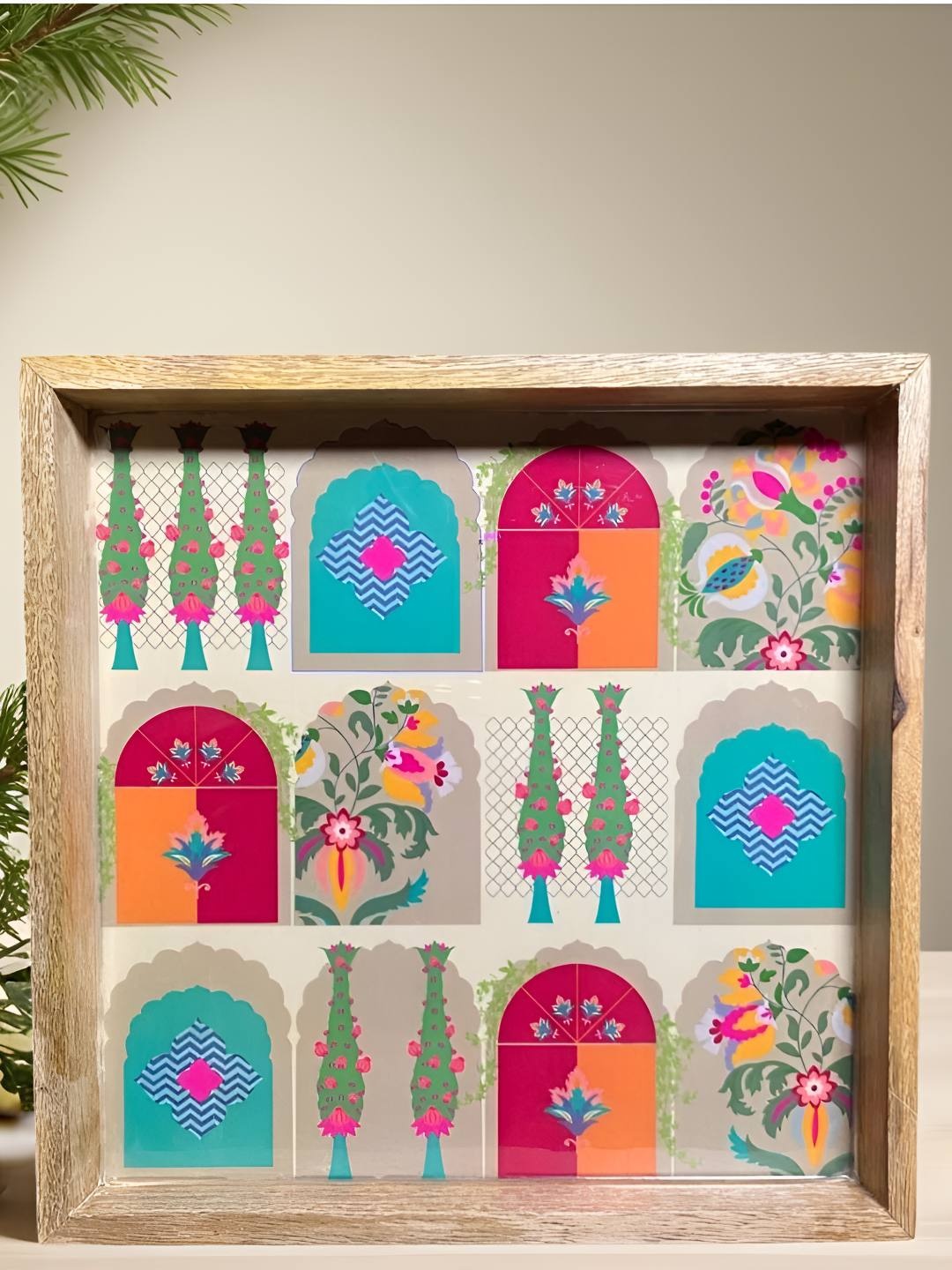 

MODEFE Blue & Pink Printed Wooden Easy to Clean Serving Tray