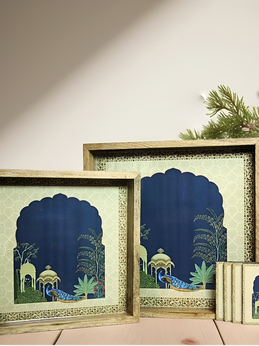 

MODEFE Cream-Coloured & Blue 6 Pieces Printed Easy to Clean Serving Tray With Coasters