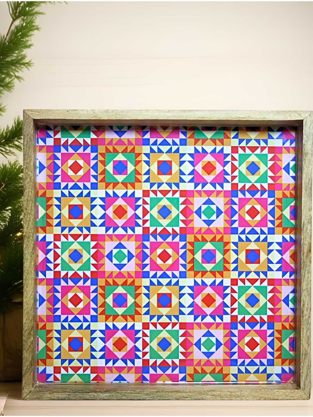 

MODEFE Pink & Green Printed Wooden Square Shaped Easy to Clean Serving Tray