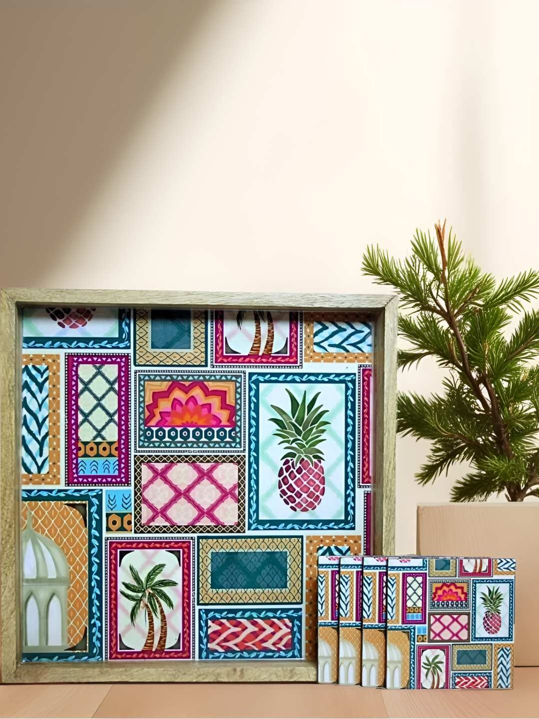 

MODEFE Pink & Blue 5 Pieces Printed Wooden Easy to Clean Serving Tray With Coasters