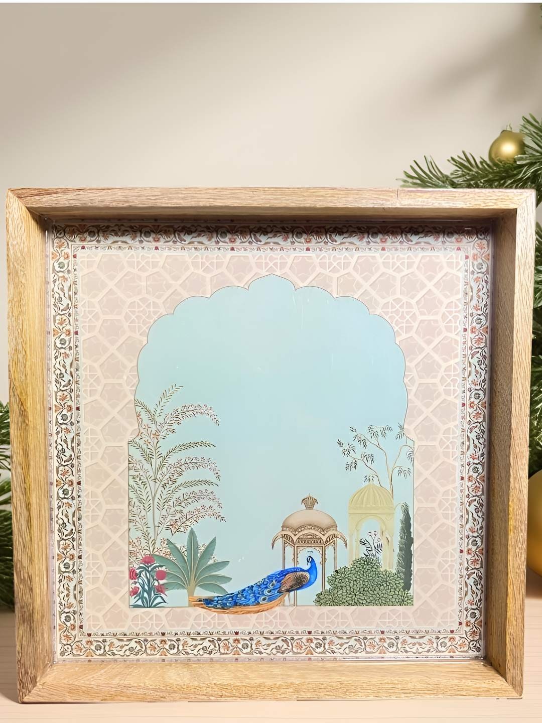 

MODEFE Peach-Coloured & Blue Peacock Printed Wooden Easy to Clean Serving Tray