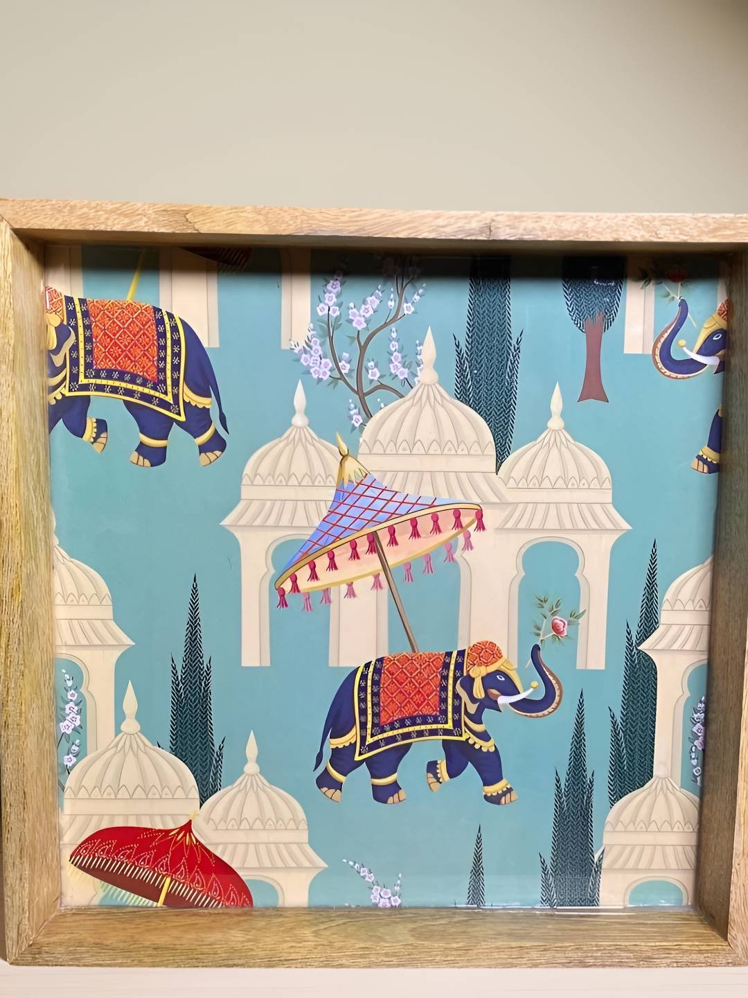 

MODEFE Blue & Red Elephant Printed Wooden Easy to Clean Serving Tray