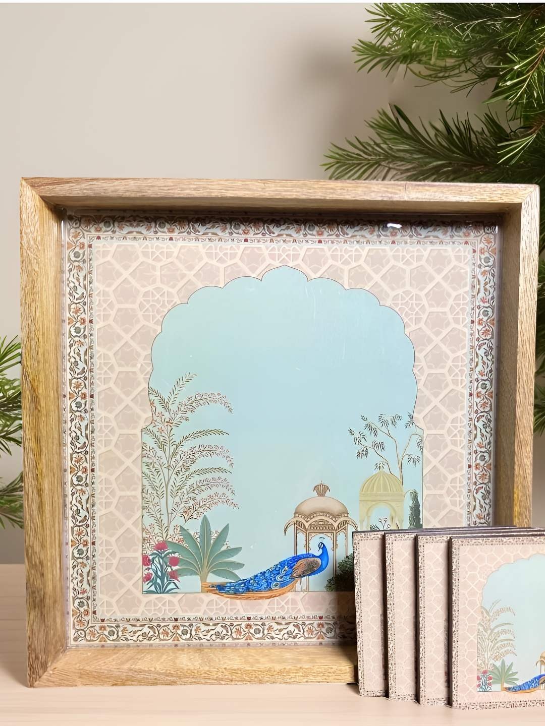 

MODEFE Peach-Coloured & Blue 5 Pieces Printed Easy to Clean Serving Tray With Coasters