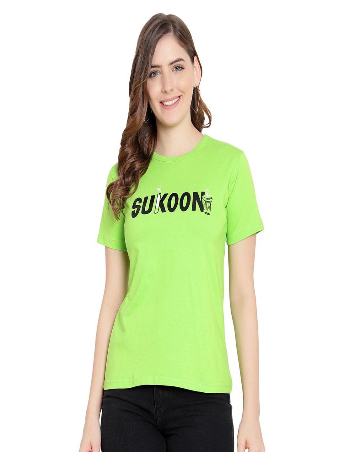 

DEEPMAYRA COLLECTION Women Typography Printed Round Neck Cotton T-shirt, Lime green