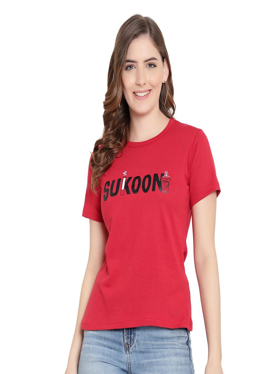 

DEEPMAYRA COLLECTION Women Typography Printed Round Neck Cotton T-shirt, Red