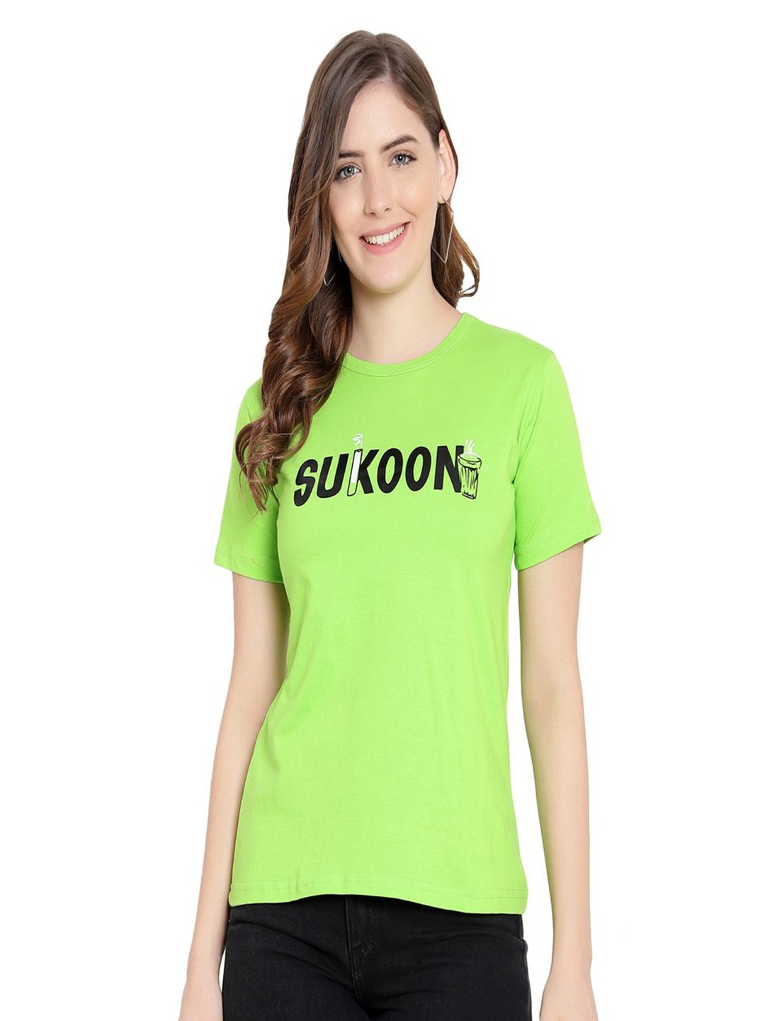 

DEEPMAYRA COLLECTION Women Typography Printed Round Neck Cotton T-shirt, Lime green