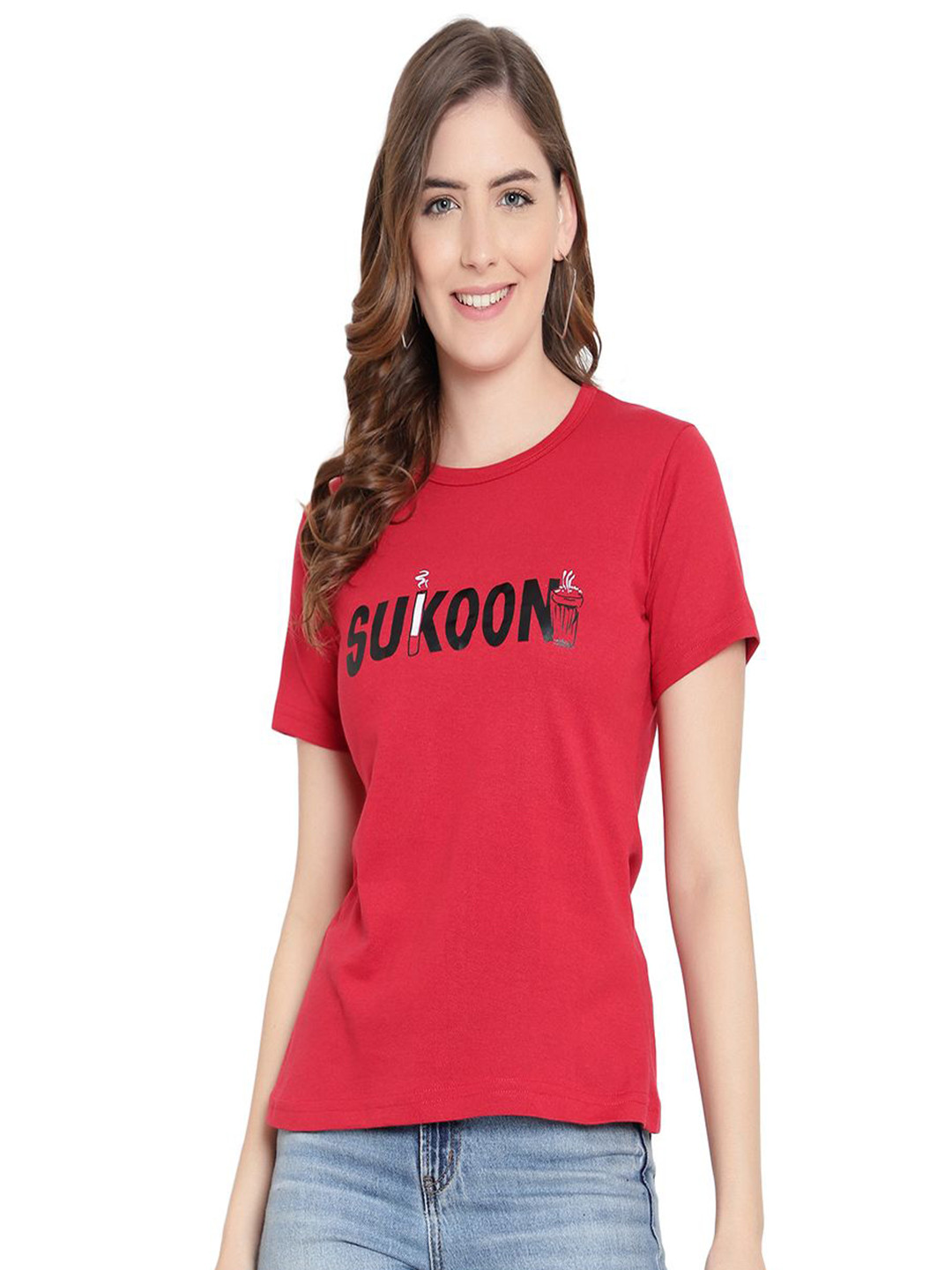 

DEEPMAYRA COLLECTION Women Typography Printed T-shirt, Red