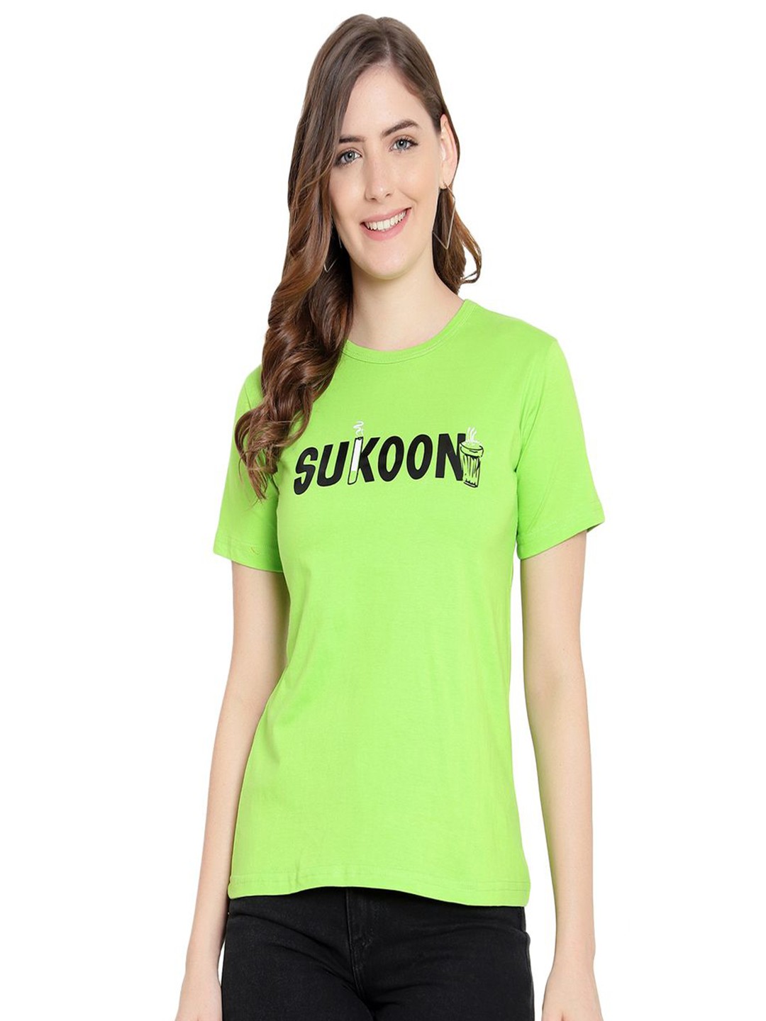 DEEPMAYRA COLLECTION Women Typography Printed Round Neck Cotton T-shirt, Lime green