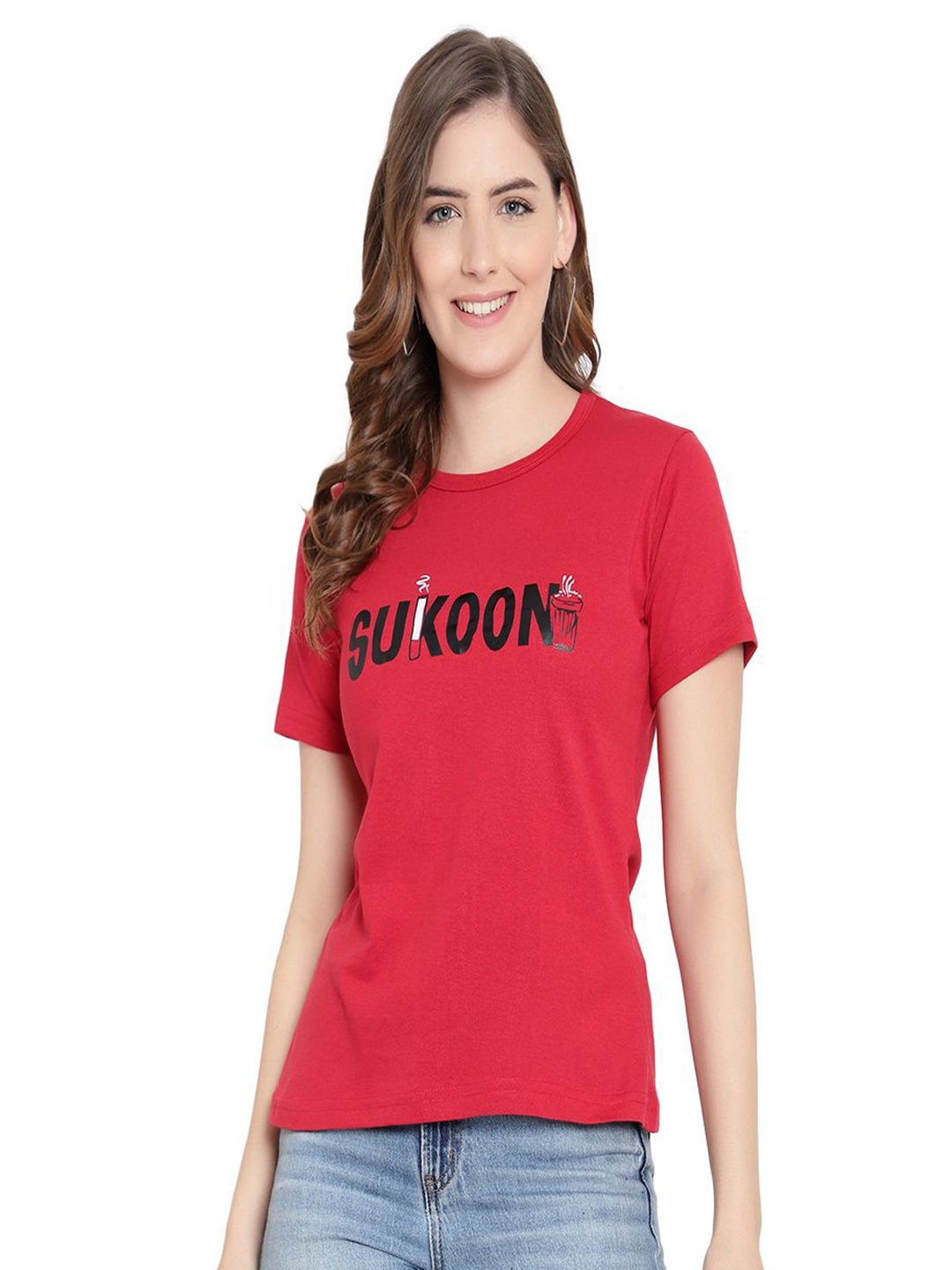 DEEPMAYRA COLLECTION Women Typography Printed Round Neck Cotton T-shirt, Red
