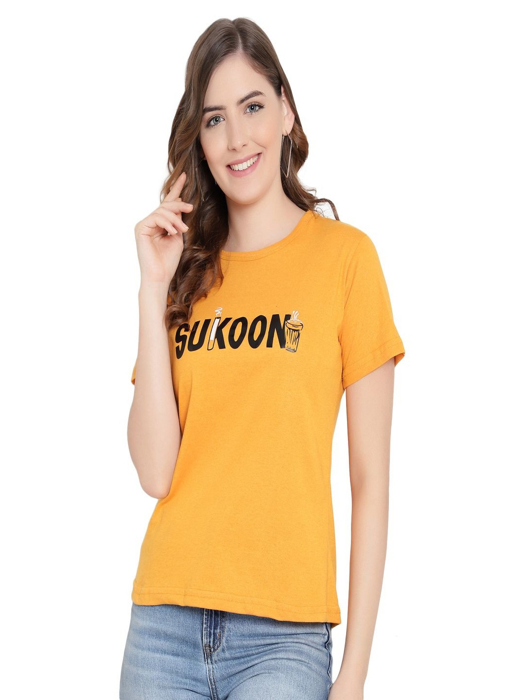 

DEEPMAYRA COLLECTION Women Typography Printed Round Neck Cotton T-shirt, Mustard