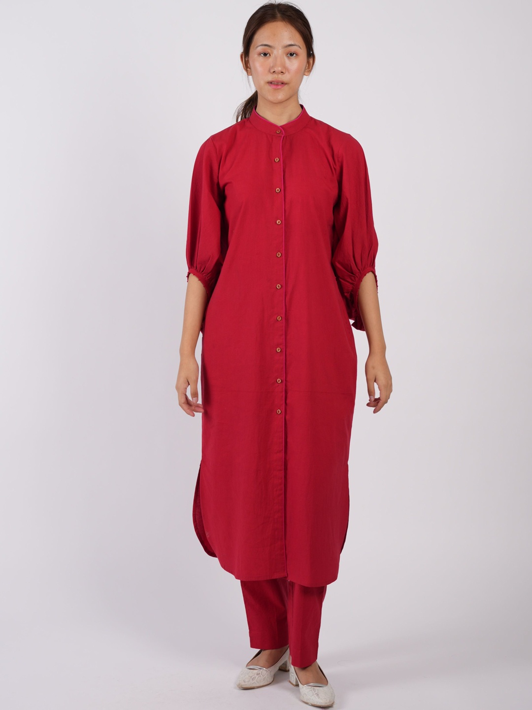 

Vanshitaaz Band Collar Pure Cotton Co-ord Set, Red