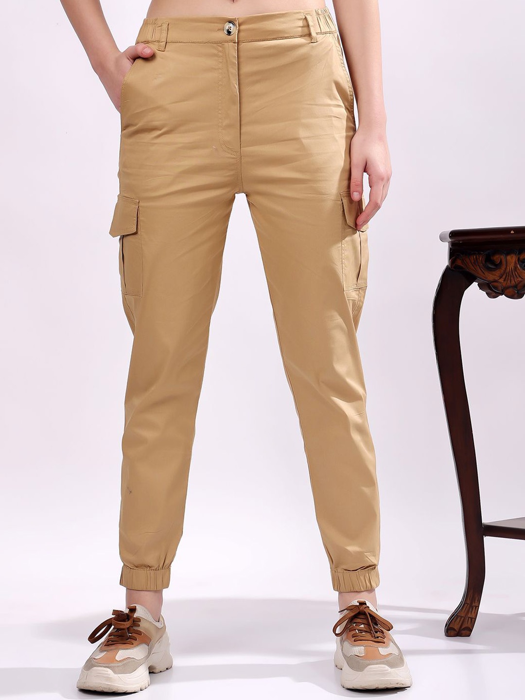 

T TRYON ULTIMATE Women Pure Cotton Mid-Rise Cargo Joggers, Khaki