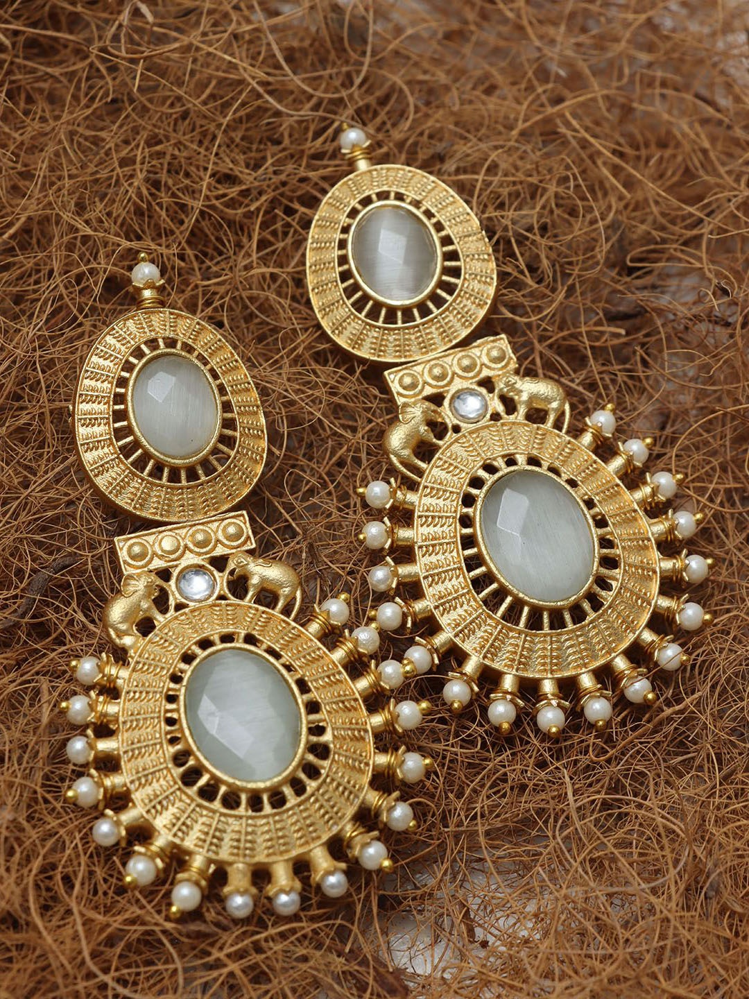 

Ozanoo Gold-Plated Artificial Stones Studded And Beaded Contemporary Shaped Drop Earrings