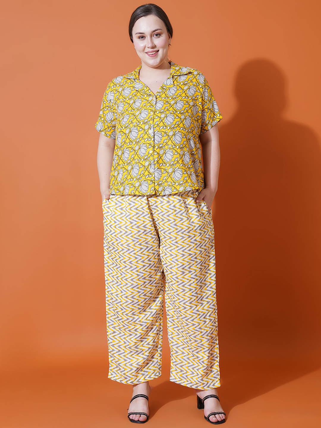 

U&F Beyond Women Printed Pure Cotton Shirt With Palazzo Co-Ords, Yellow