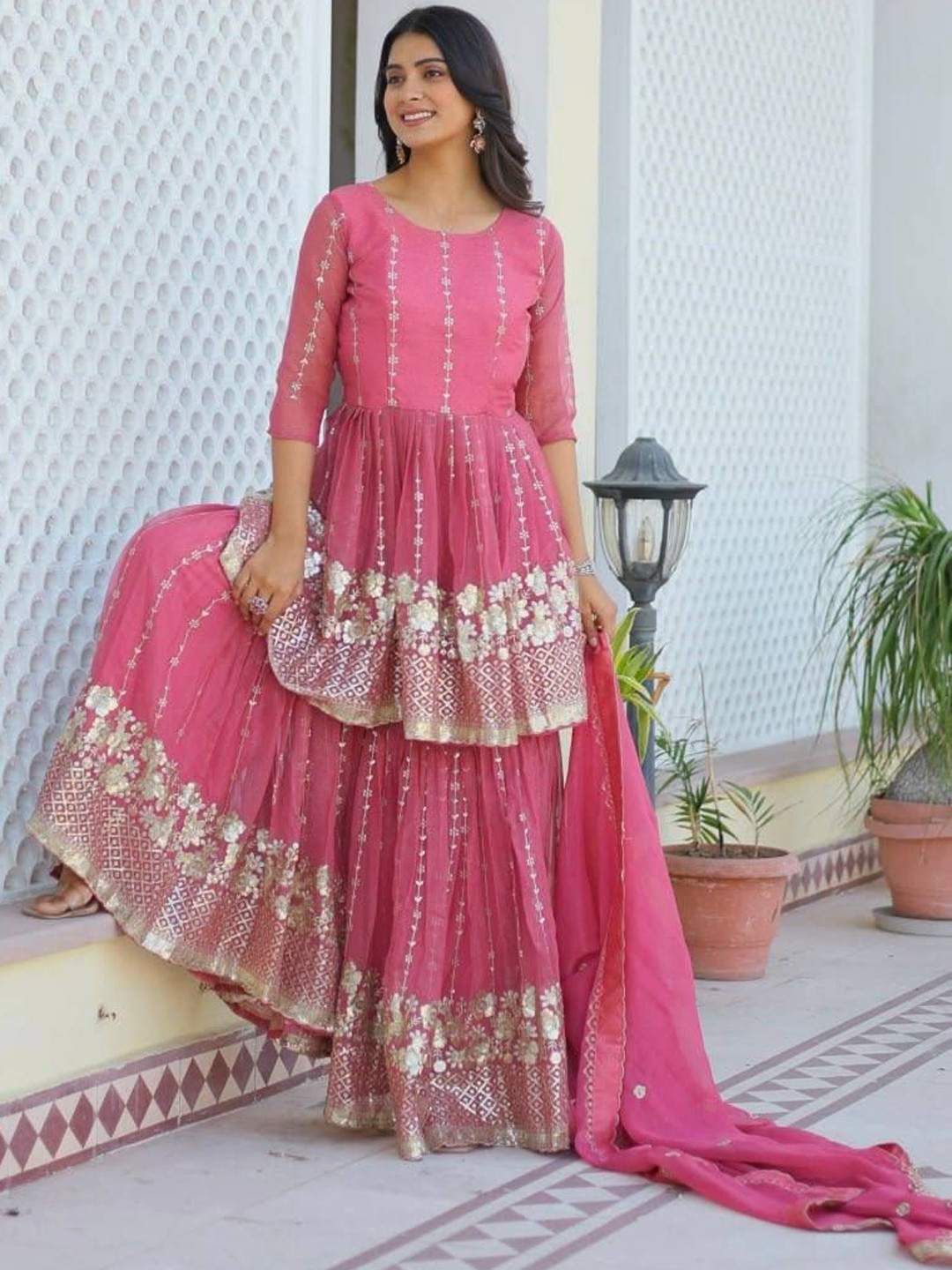 

KALINI Women Floral Embroidered Angrakha Sequinned Kurta with Sharara & With Dupatta, Pink