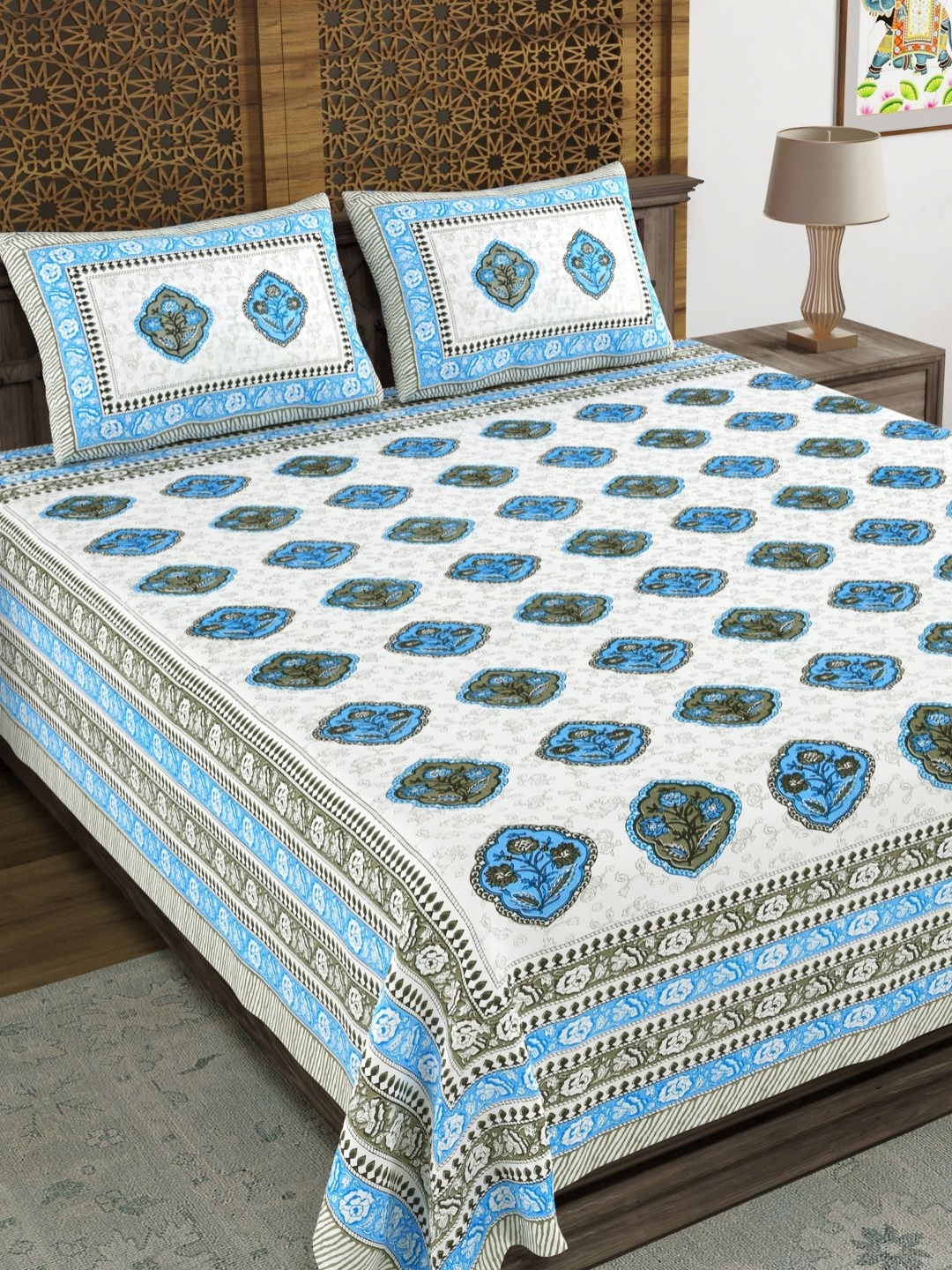 

BLOCKS OF INDIA Blue & White Ethnic Motifs Cotton 210 TC King Bedsheet Set 2.28 m x 2.74 m