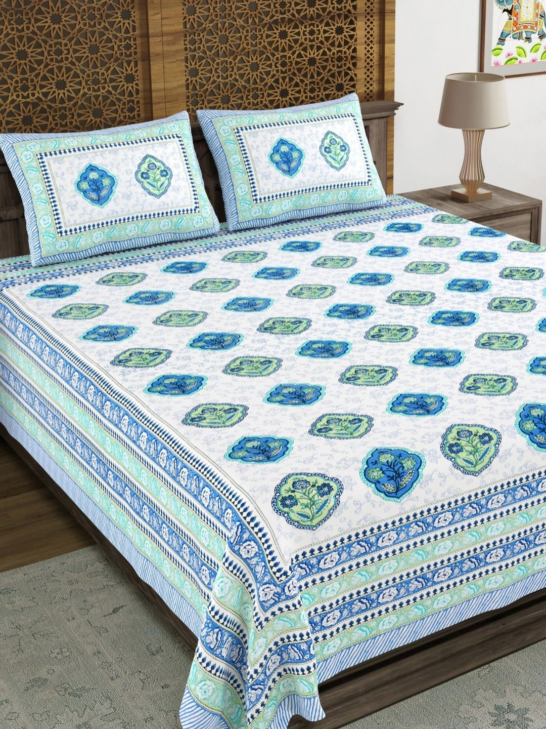 

BLOCKS OF INDIA Blue Ethnic Motifs Cotton 210 TC King Bedsheet Set 2.28 m x 2.74 m